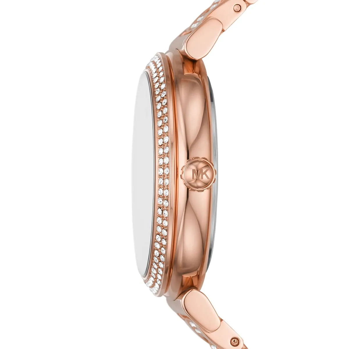 Side profile of Michael Kors Abbey MK4617 rose gold bracelet watch