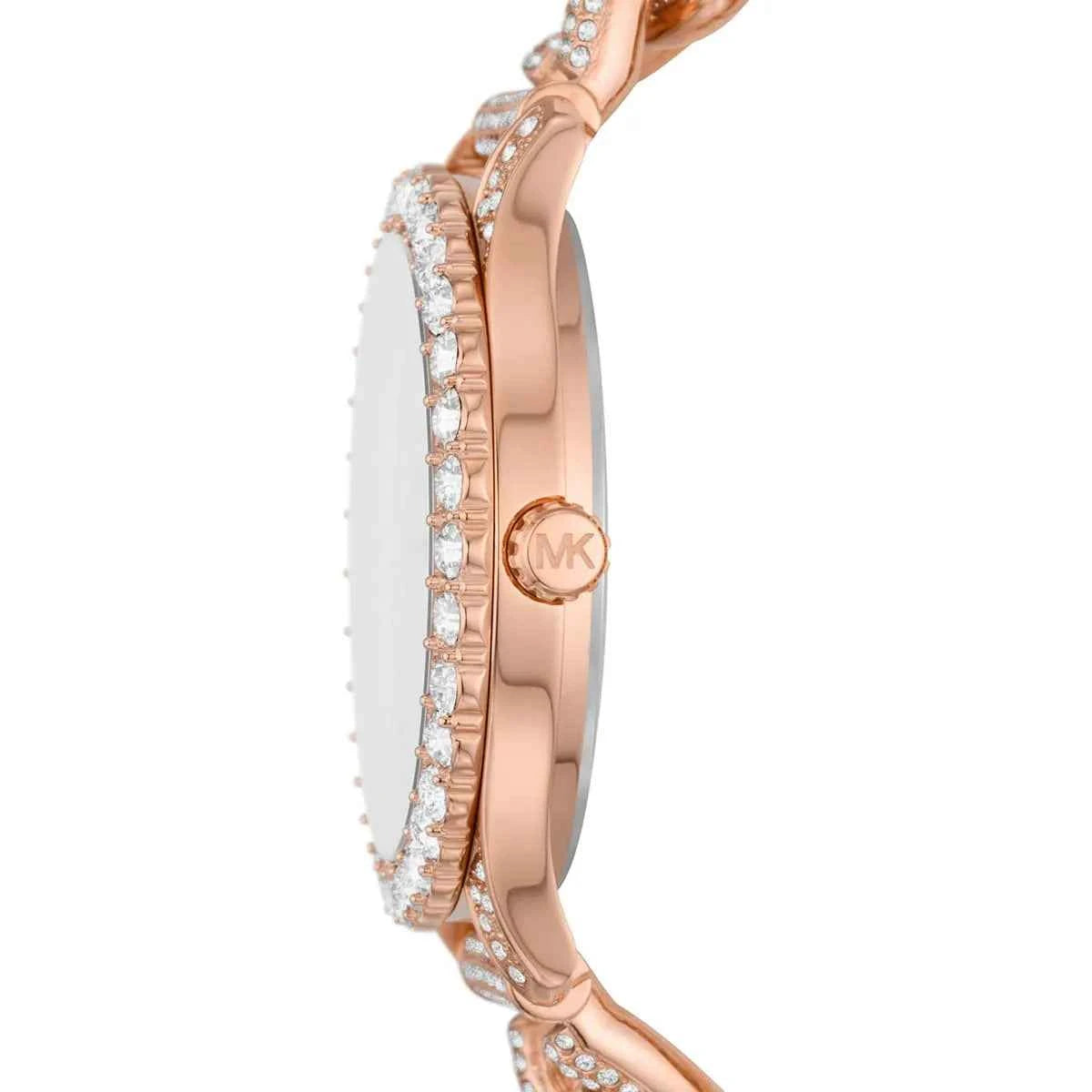 Side profile of Michael Kors Layton Mid MK4654 rose gold bracelet watch