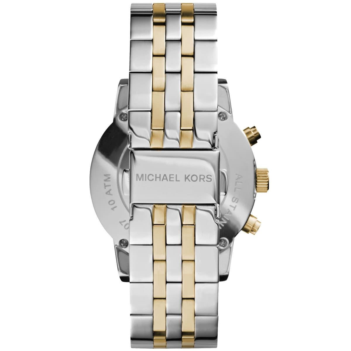 Back view of Michael Kors MK5057 quartz chronograph watch with two-tone stainless steel case