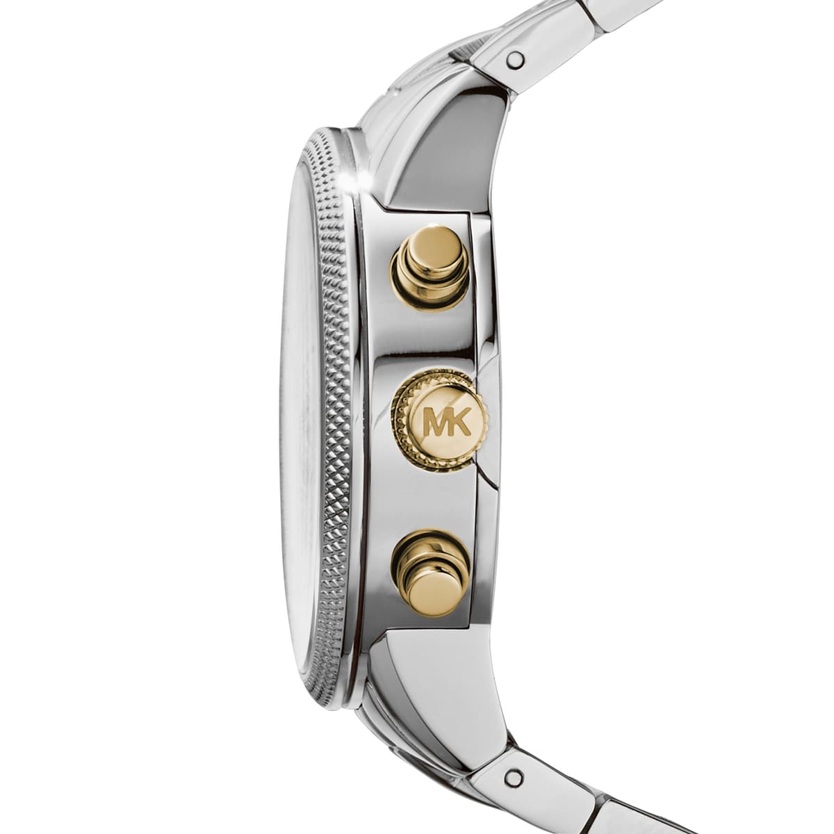 Side view of Michael Kors Ritz MK5057 silver and gold stainless steel bracelet watch