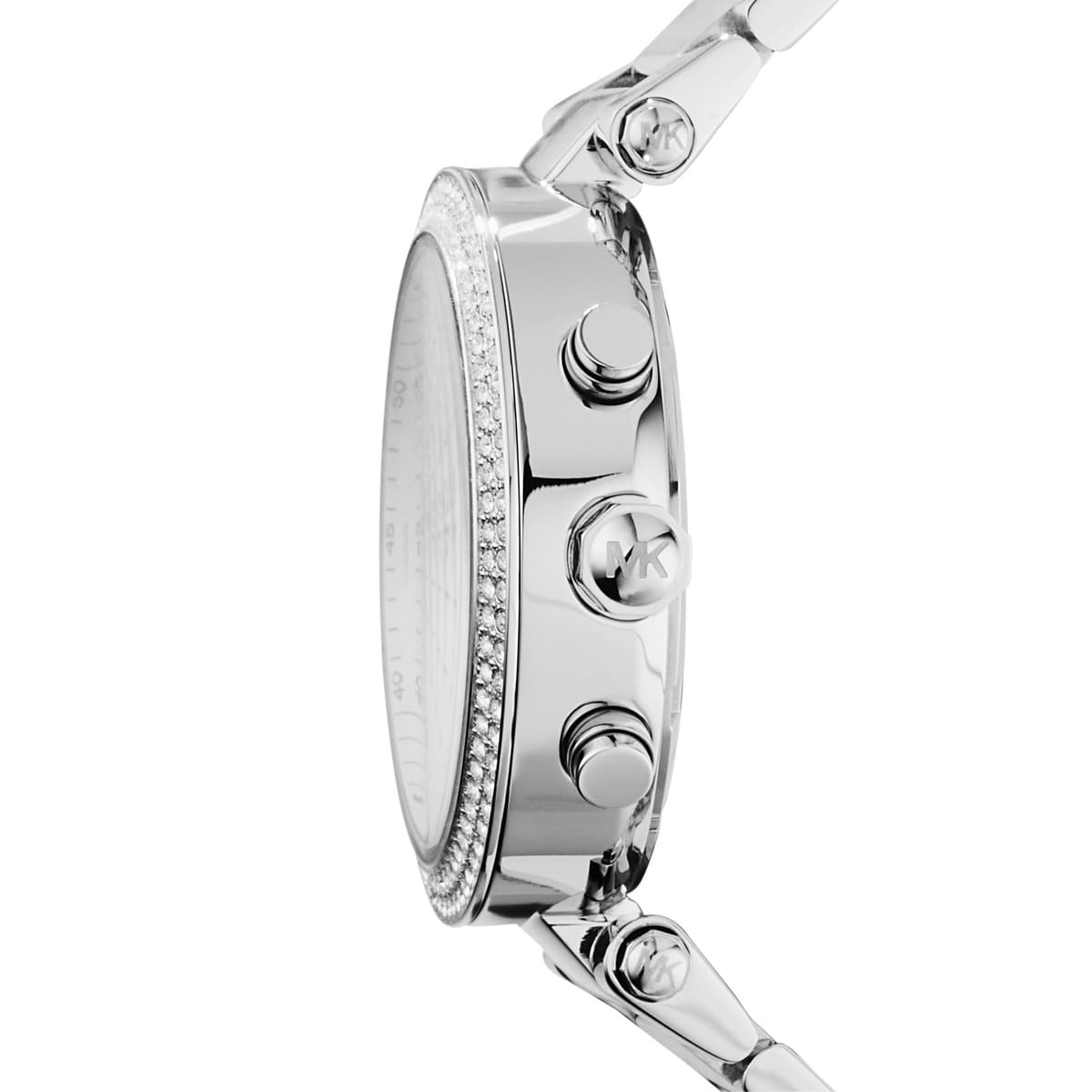 Side view of Michael Kors Parker MK5353 silver stainless steel bracelet watch