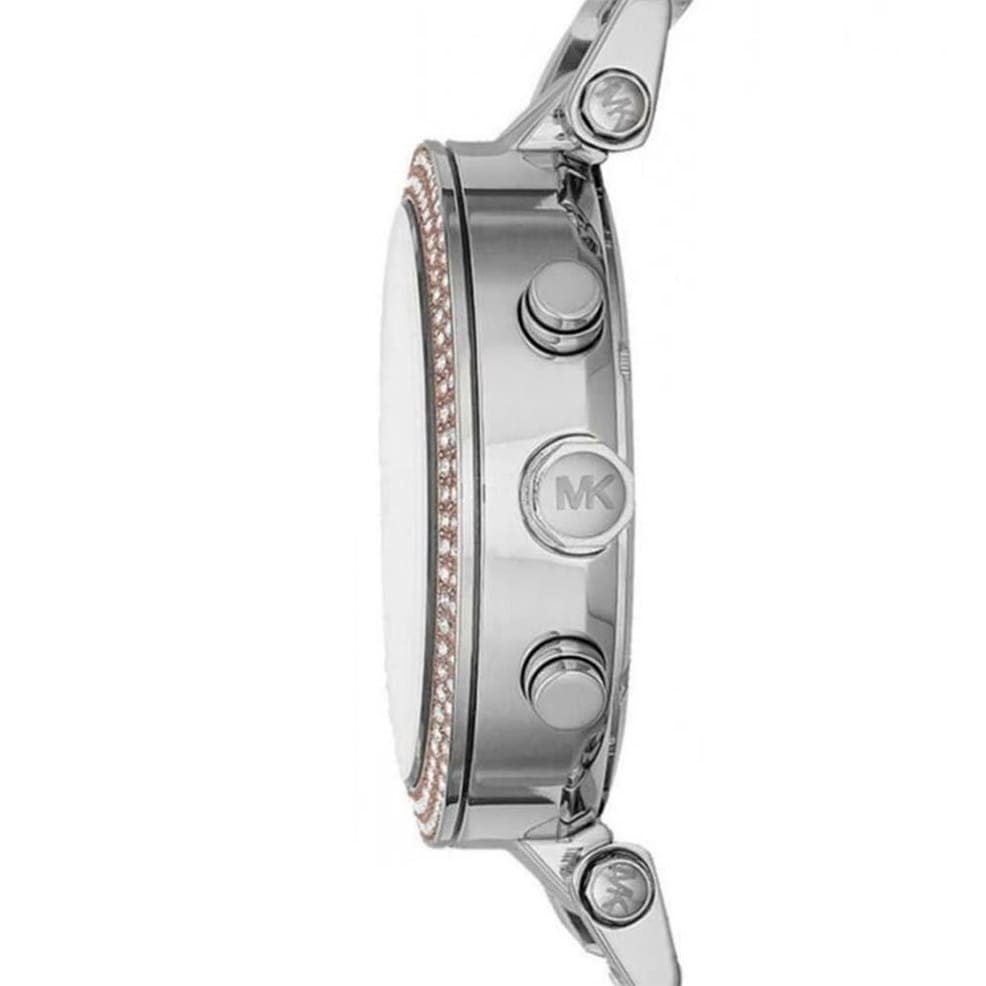 Side profile of Michael Kors Parker MK5820 silver and rose gold stainless steel bracelet watch