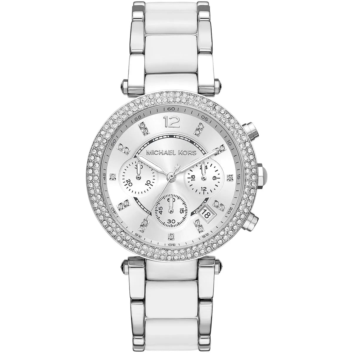 Michael Kors Parker MK6354 women's silver dial white and silver chronograph watch front view