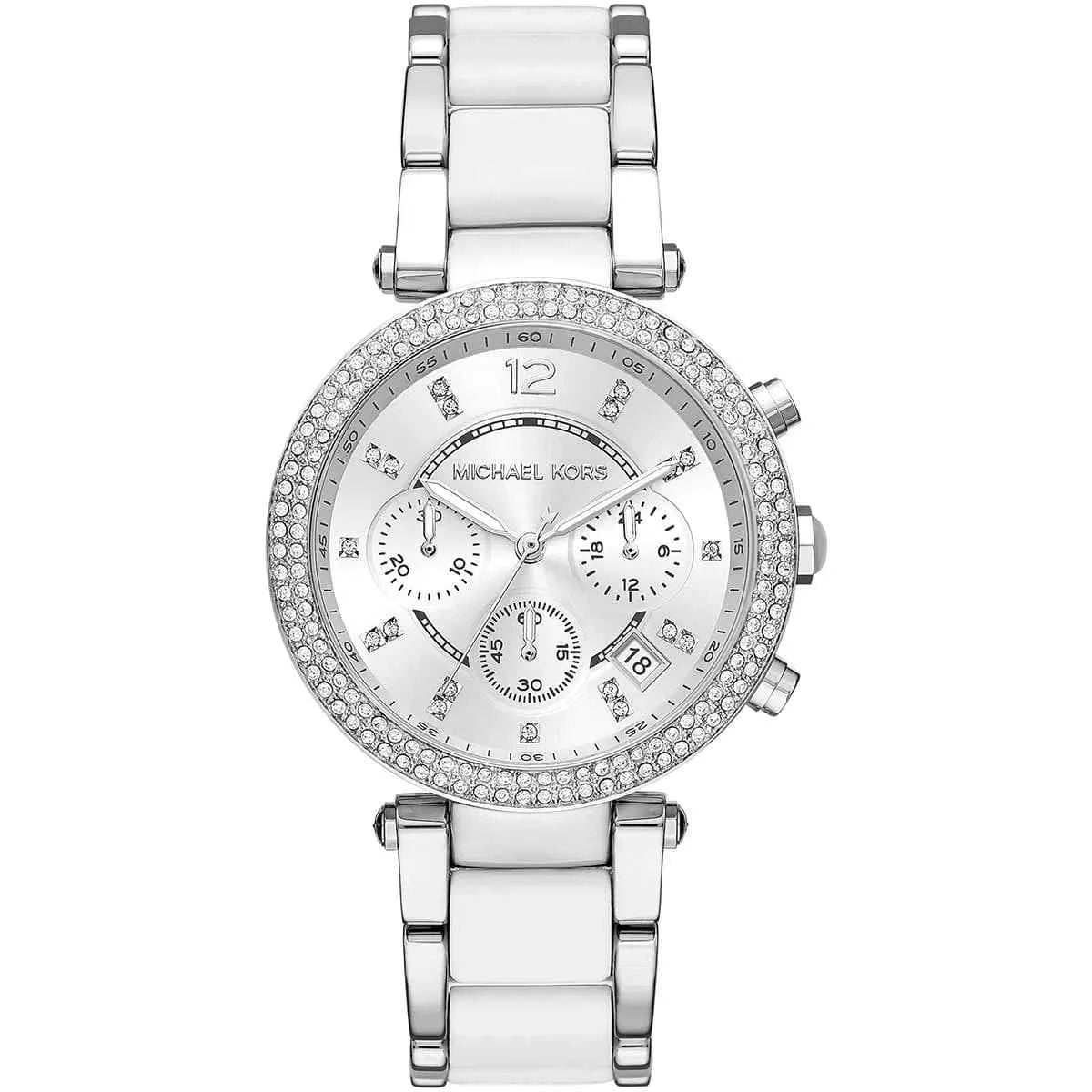 Michael Kors Parker MK6354 Women's Silver Dial White & Silver Chronograph Watch