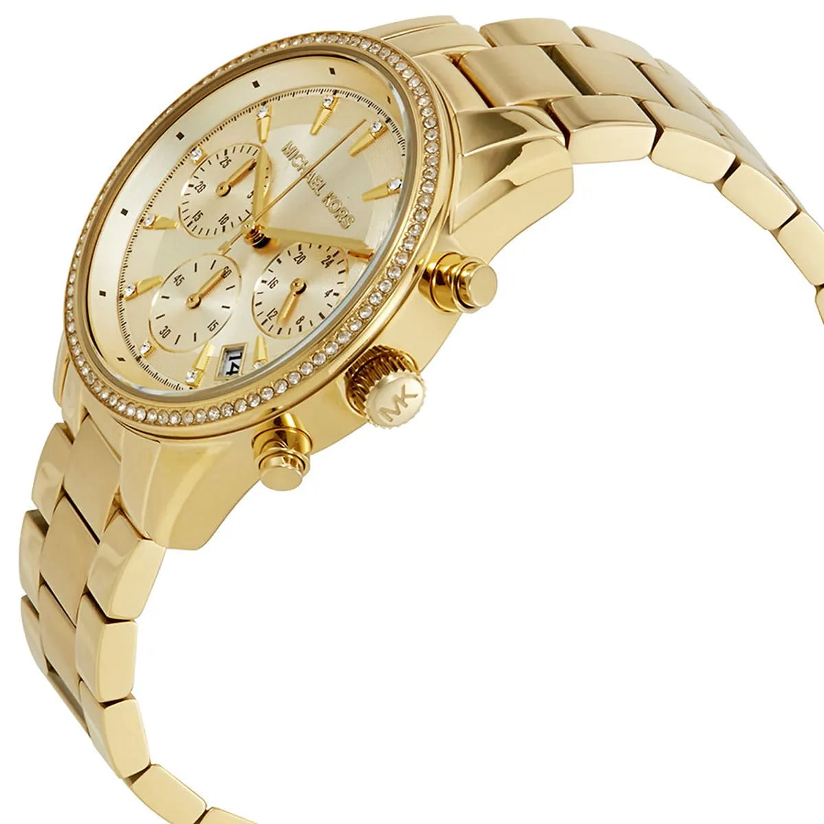 Close-up of Michael Kors MK6356 gold analog dial with gold-tone stainless steel bracelet