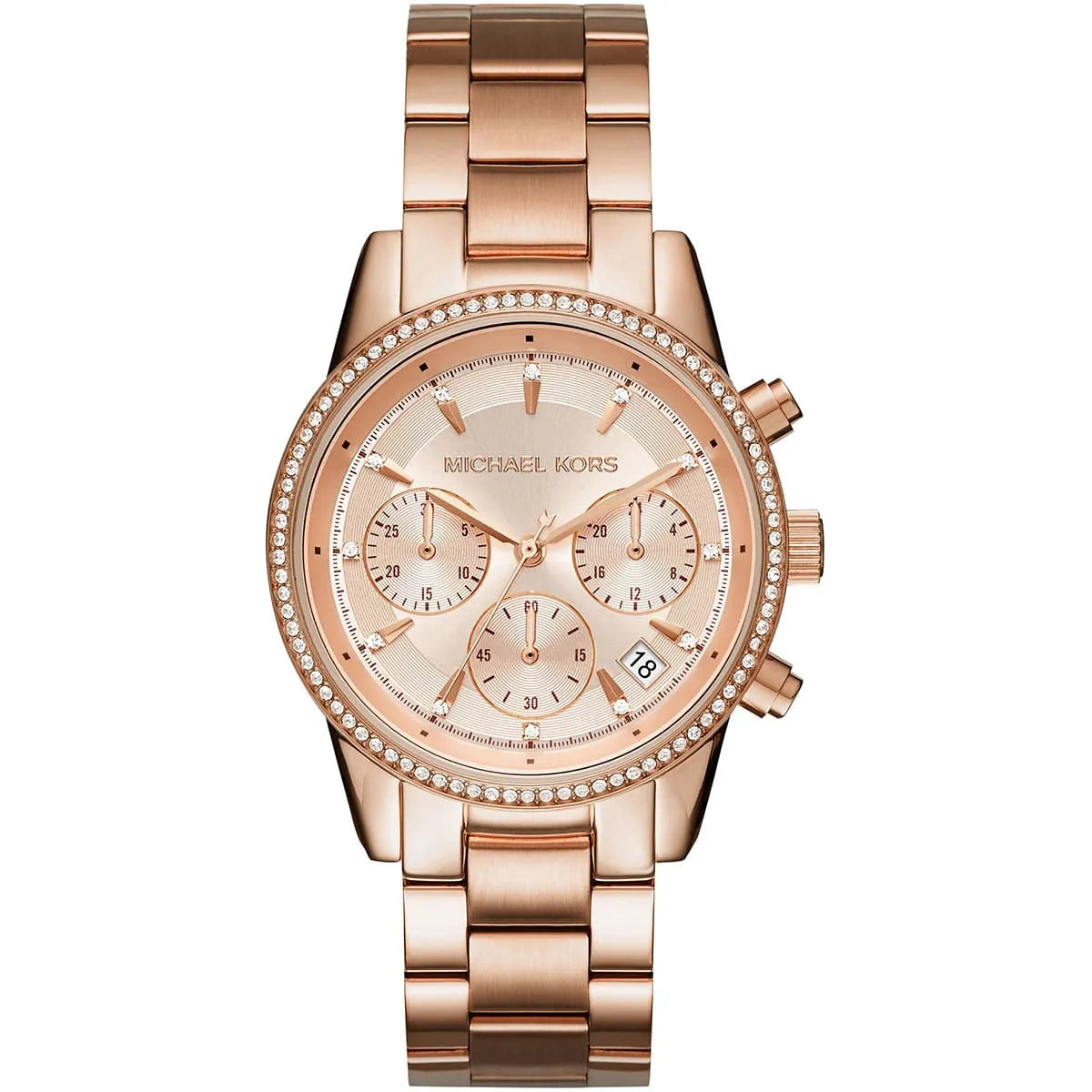 Michael Kors Ritz MK6357 women's rose gold dial rose gold stainless steel chronograph watch front view