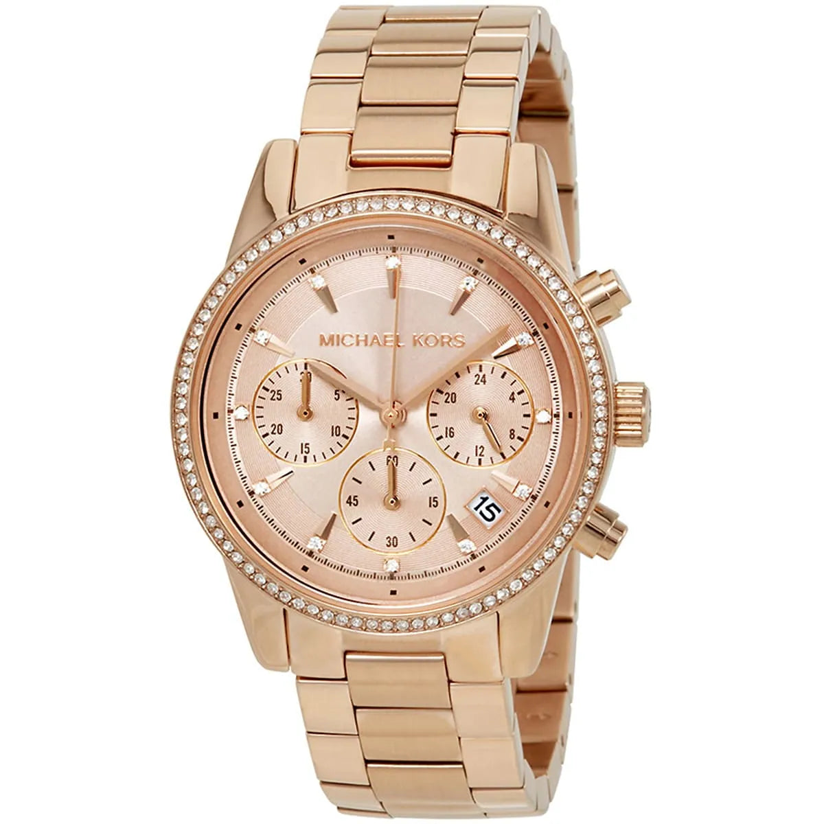 Close-up of Michael Kors MK6357 rose gold analog dial with rose gold stainless steel bracelet