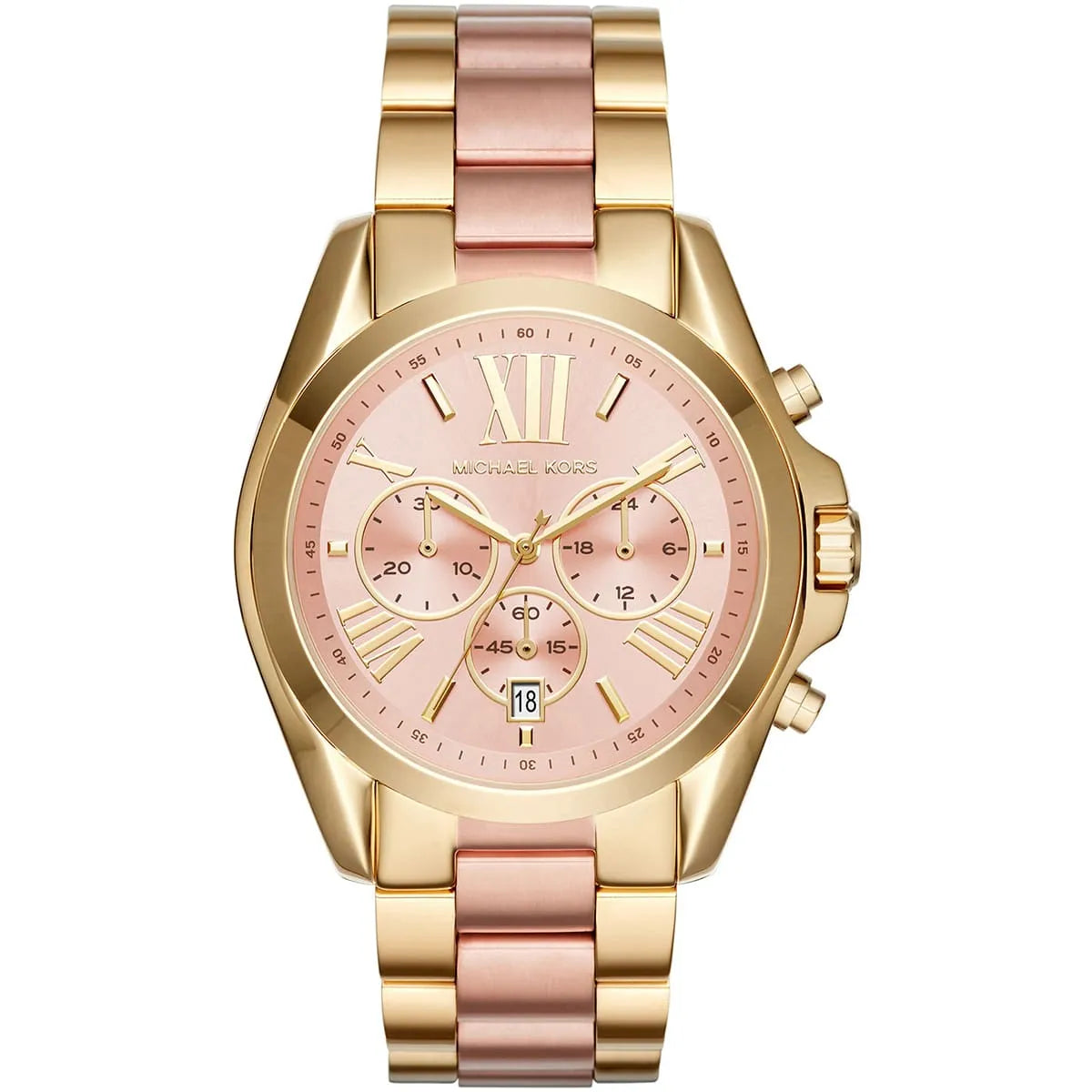Michael Kors Bradshaw MK6359 women's pink dial gold and rose gold chronograph watch front view