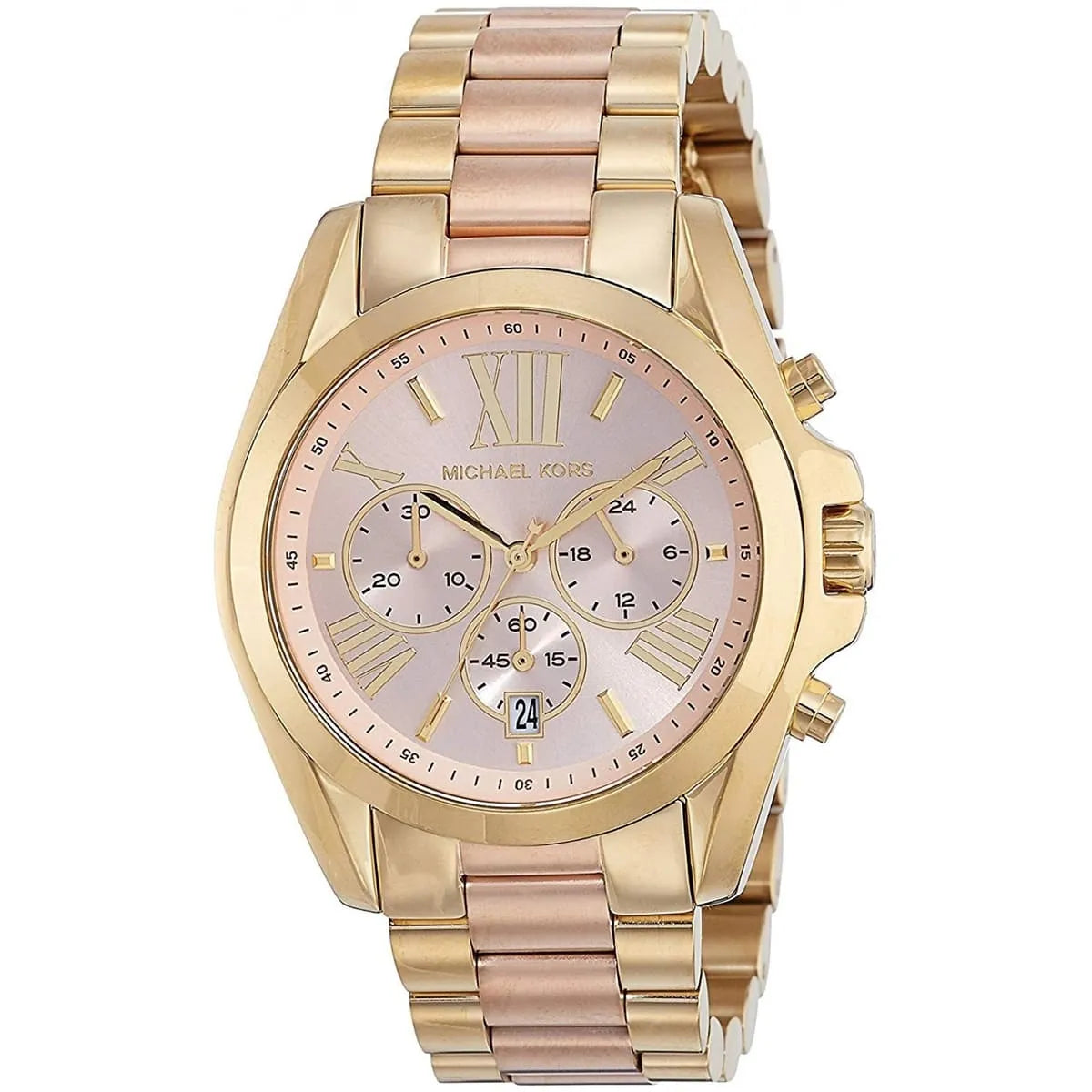 Close-up of Michael Kors MK6359 pink analog dial with gold and rose gold stainless steel bracelet