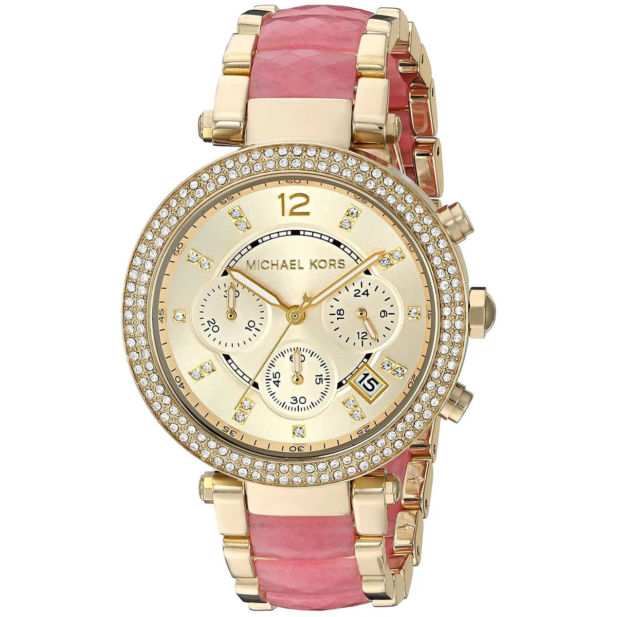 Close-up of Michael Kors MK6363 gold analog dial with gold multi-link bracelet