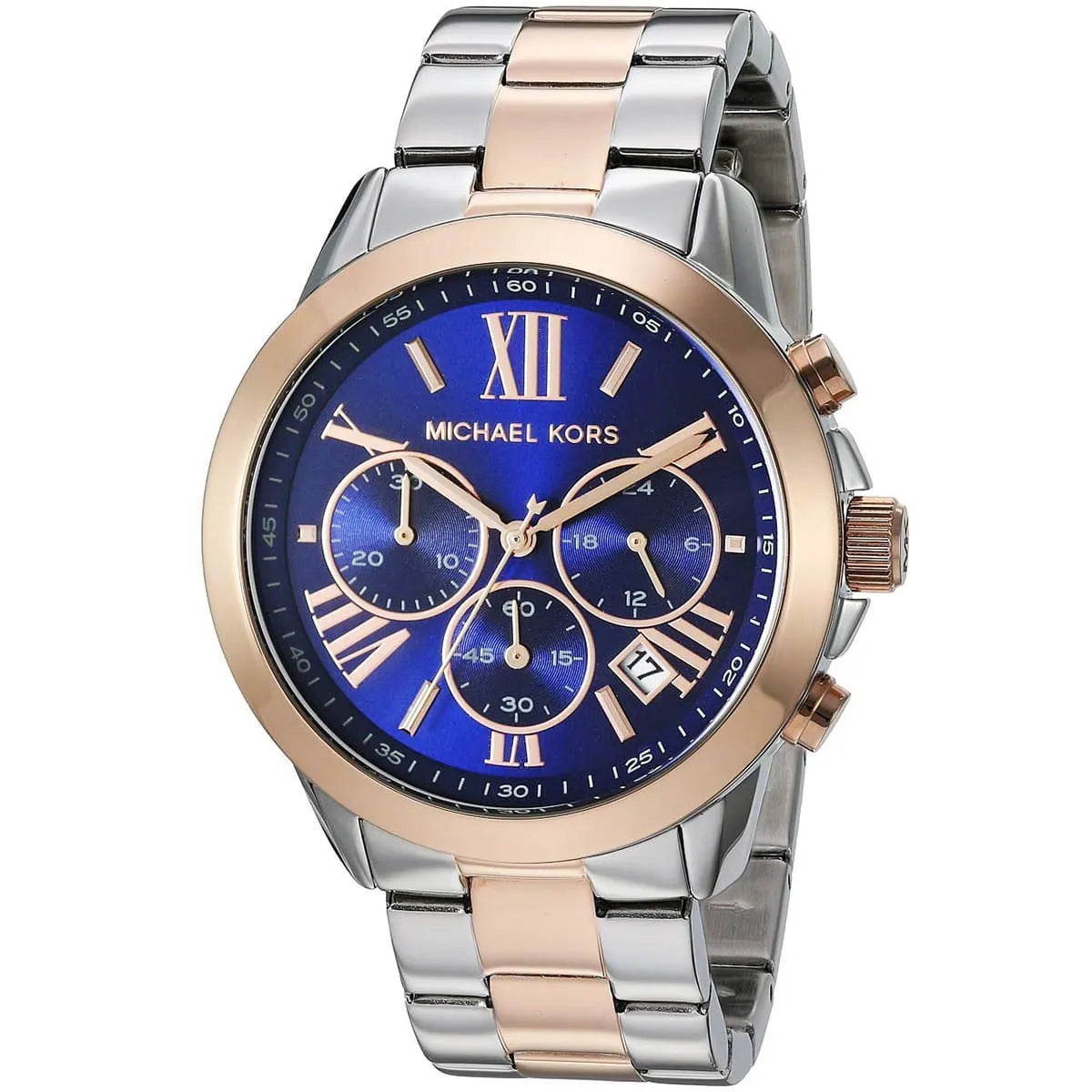 Close-up of Michael Kors MK6389 blue analog dial with silver and rose gold stainless steel bracelet