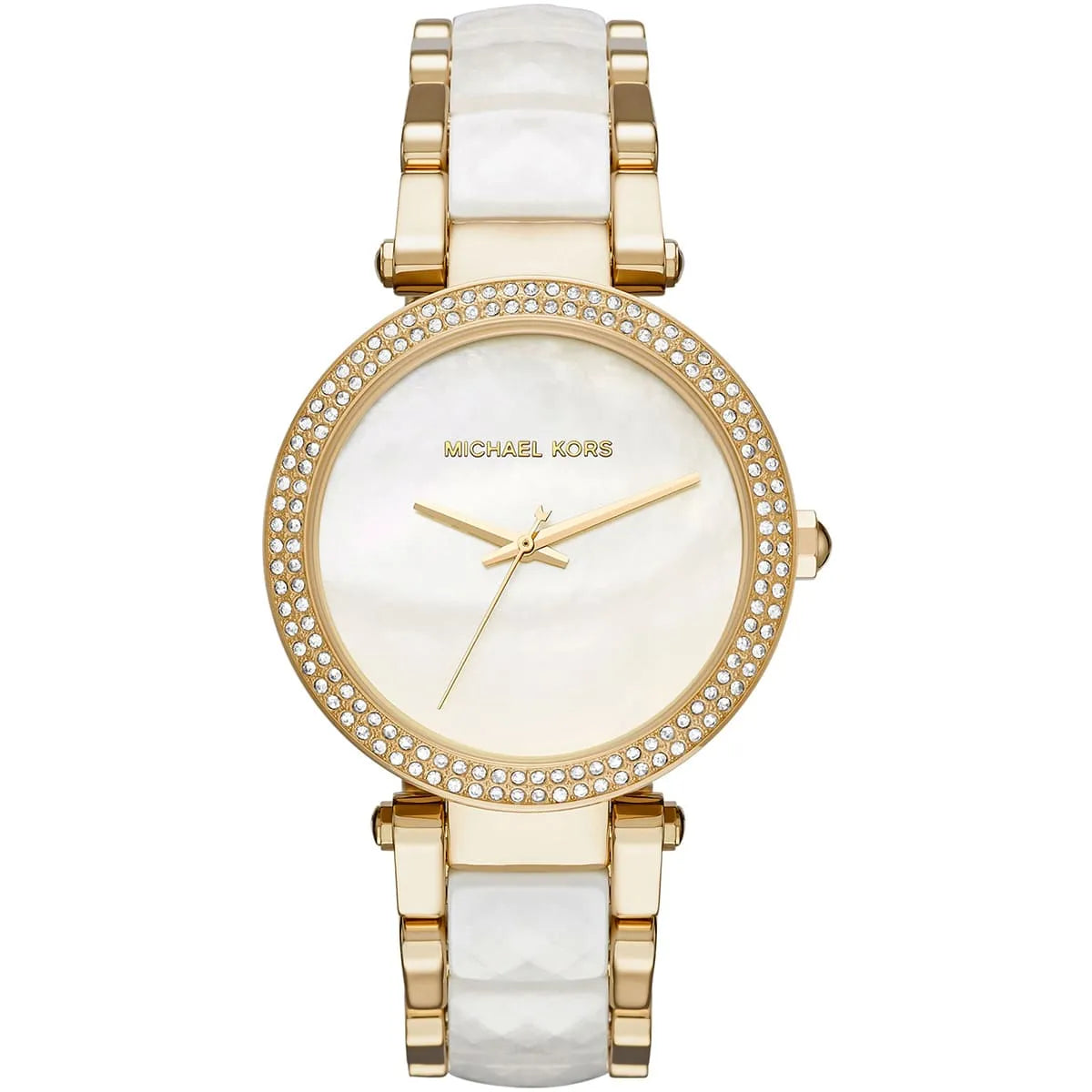 Michael Kors Parker MK6400 women's white dial gold and white bracelet watch front view