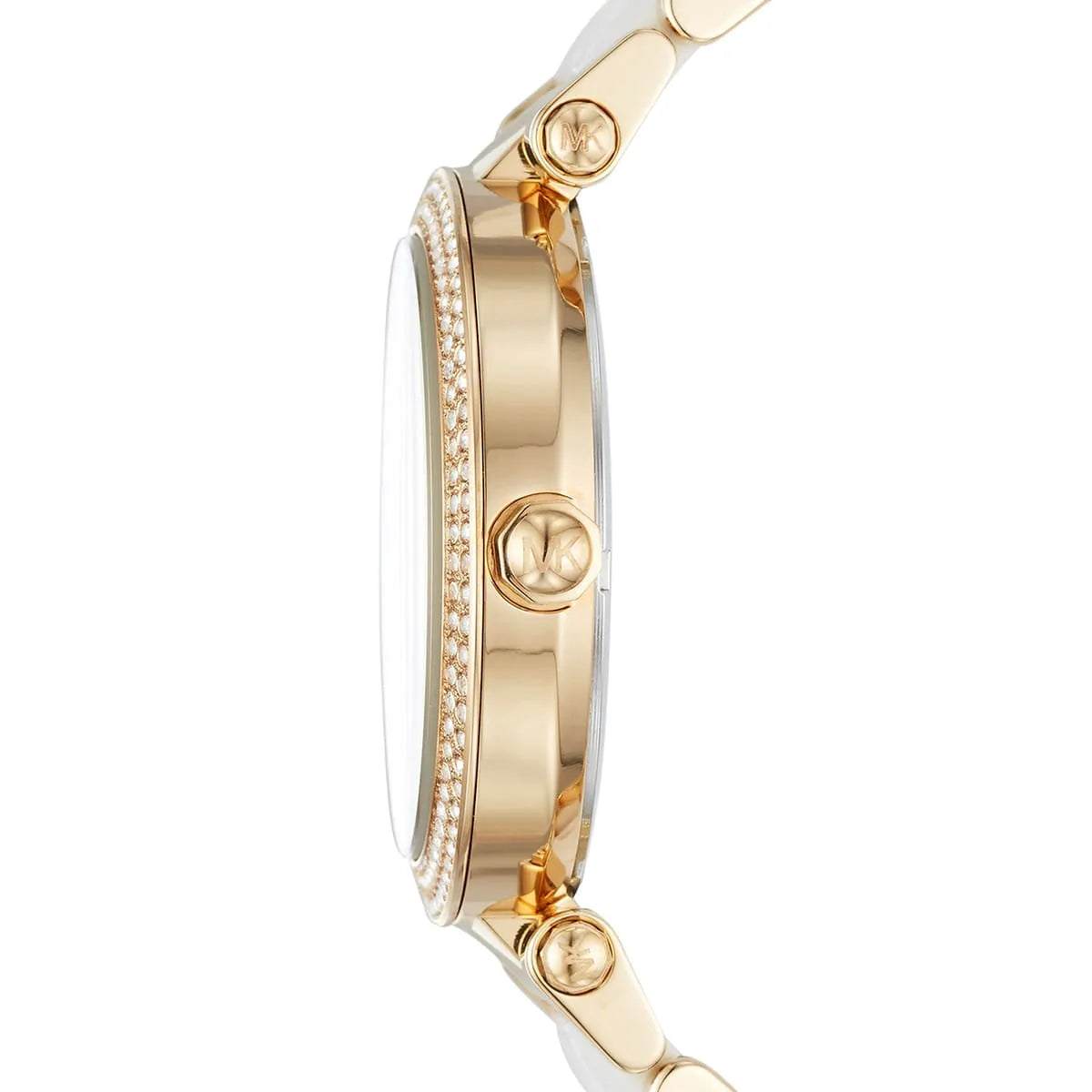Side profile of Michael Kors Parker MK6400 gold and white women's watch