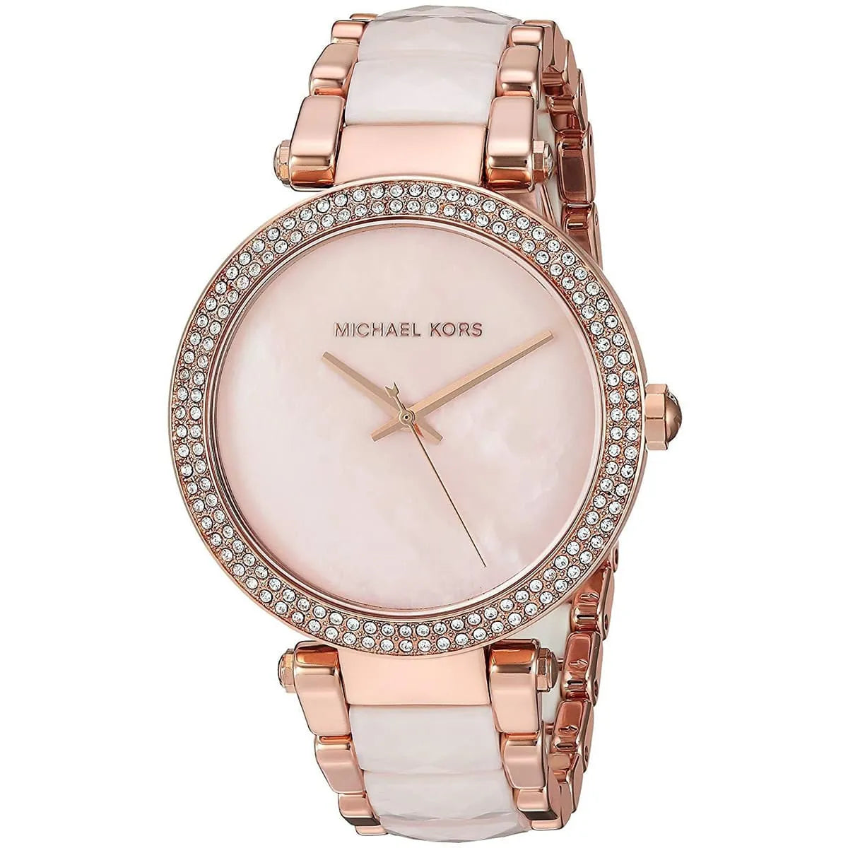 Close-up of Michael Kors MK6402 rose gold analog dial with rose gold multi-link bracelet