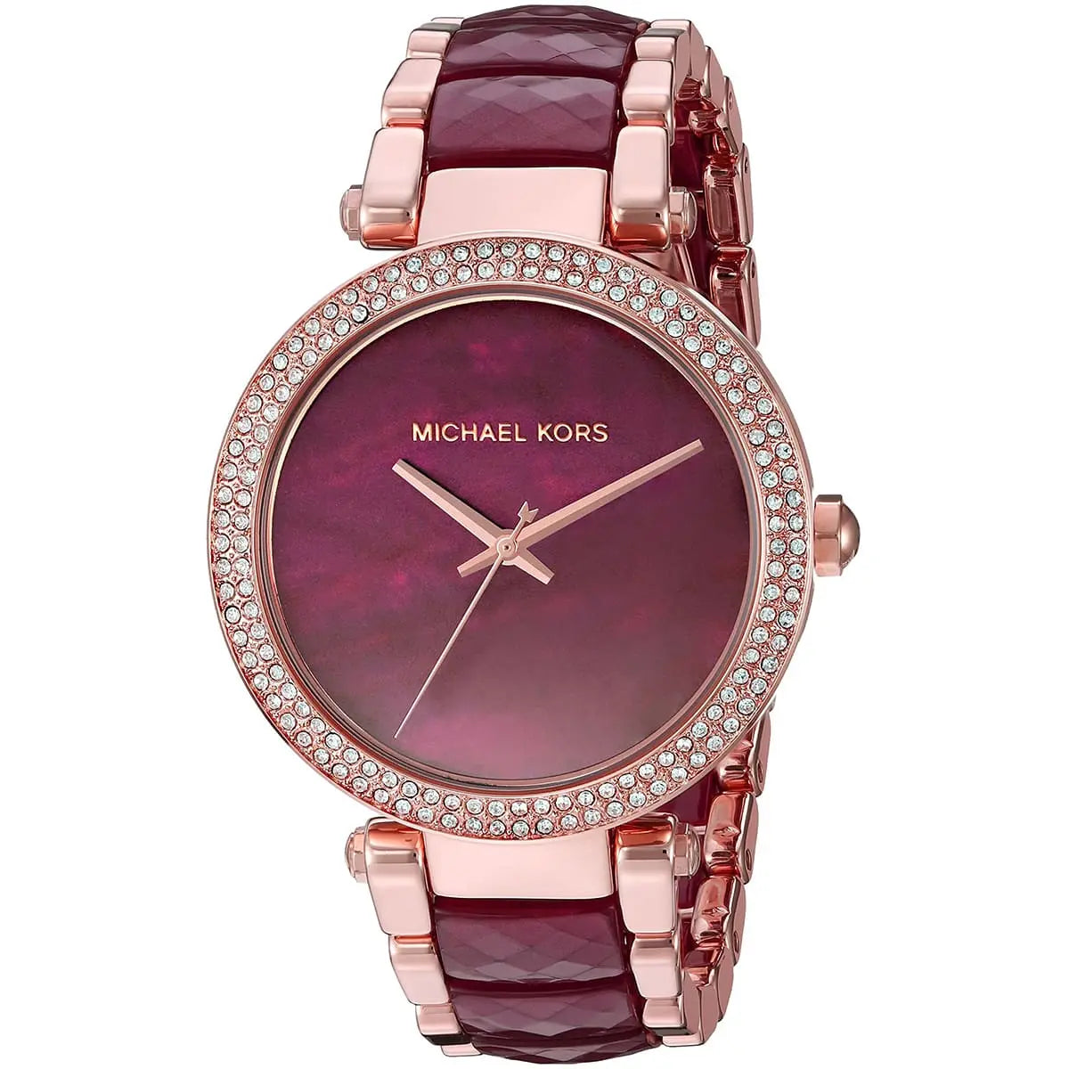 Close-up of Michael Kors MK6412 burgundy analog dial with burgundy and rose gold multi-link bracelet