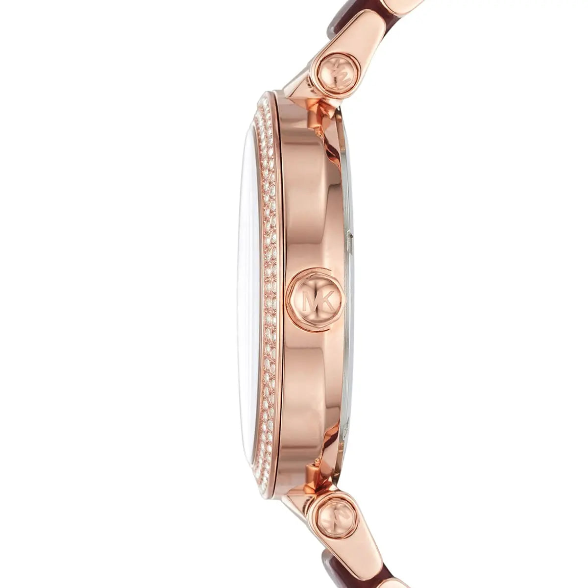 Side profile of Michael Kors Parker MK6412 burgundy and rose gold women's watch