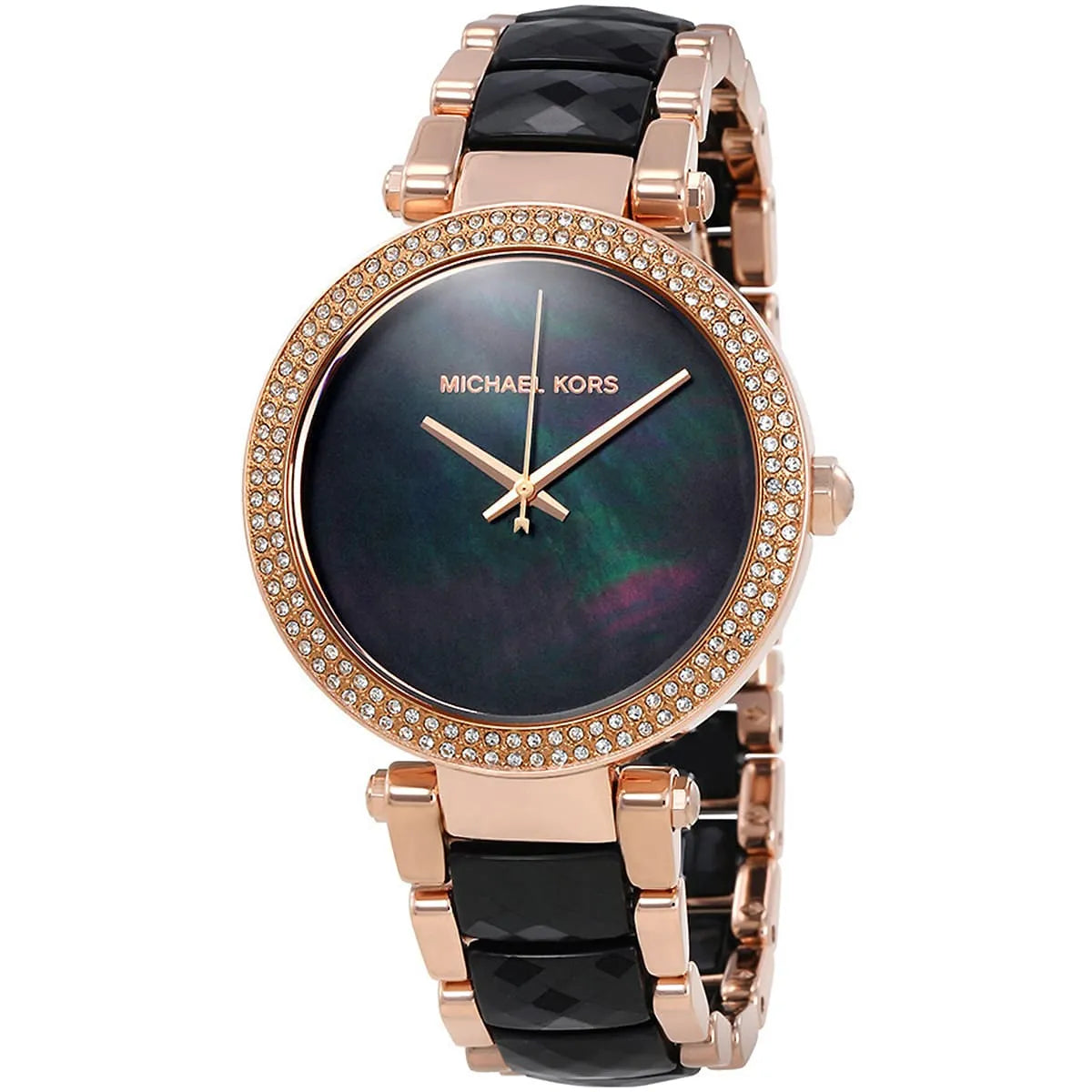 Close-up of Michael Kors MK6414 black analog dial with rose gold and black multi-link bracelet