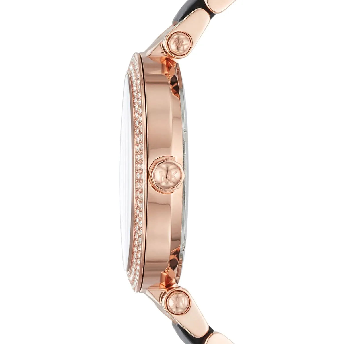 Side profile of Michael Kors Parker MK6414 rose gold and black women's watch
