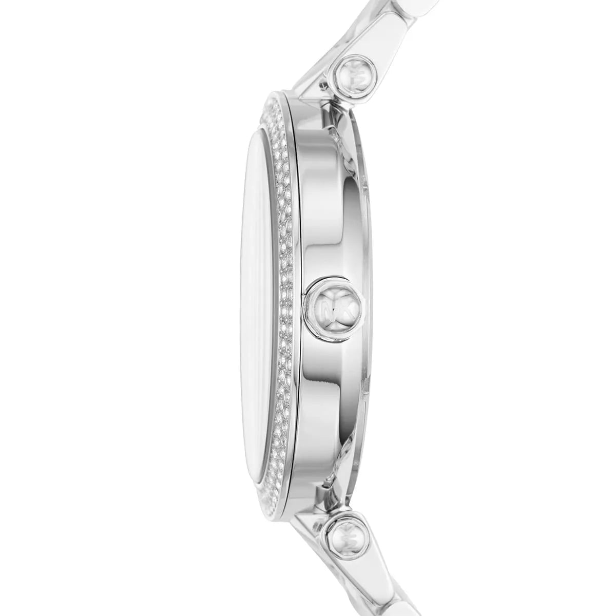 Side profile of Michael Kors Parker MK6424 silver stainless steel women's watch