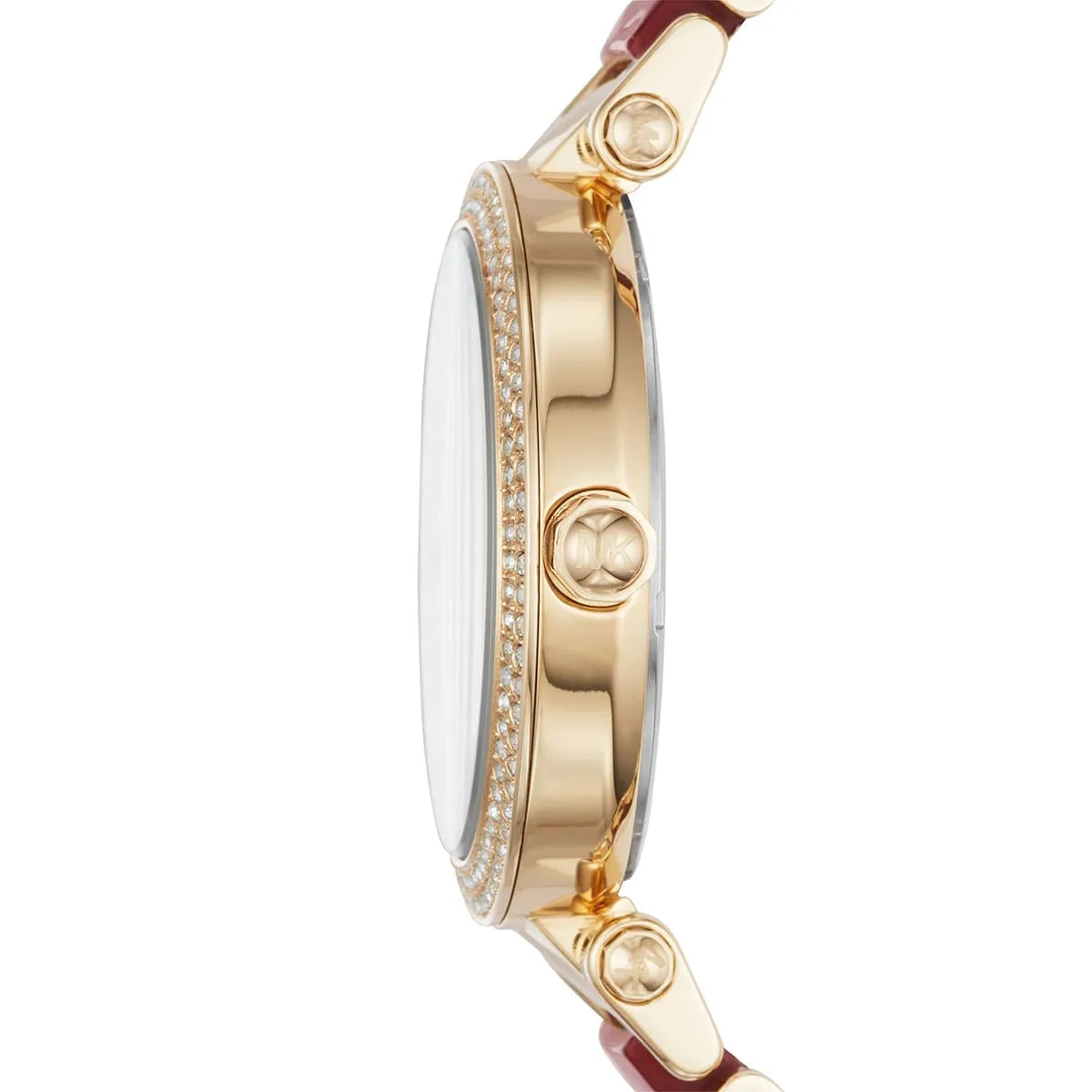 Side profile of Michael Kors Parker MK6427 red and gold women's watch