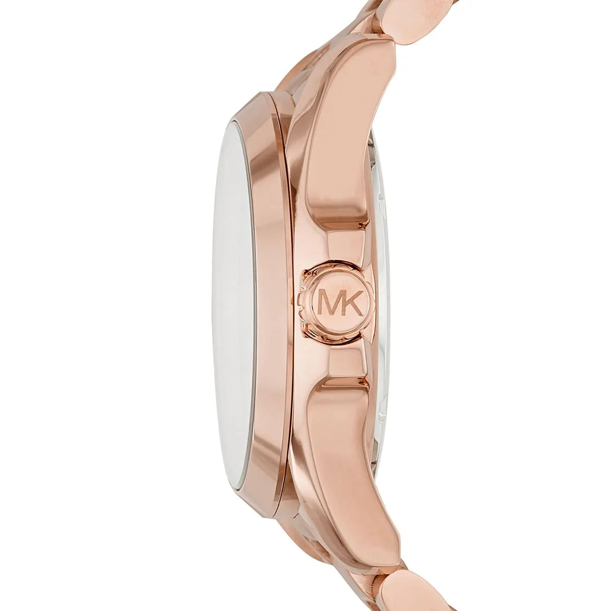 Side profile of Michael Kors Bradshaw MK6437 rose gold women's watch