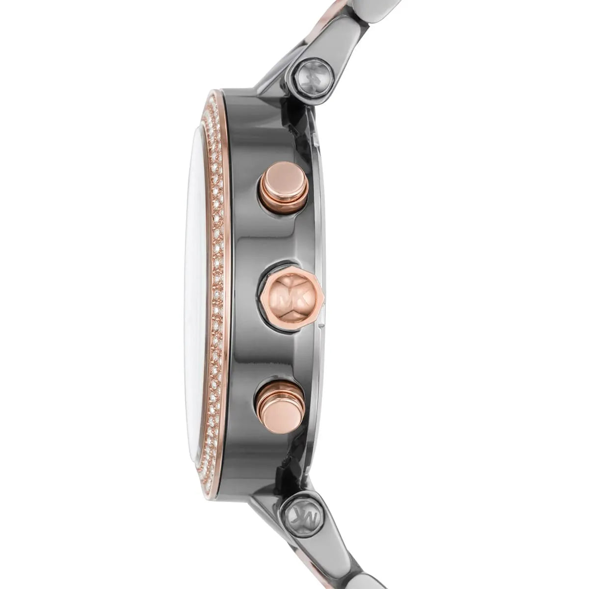 Side profile of Michael Kors Parker MK6440 gray and rose gold chronograph watch