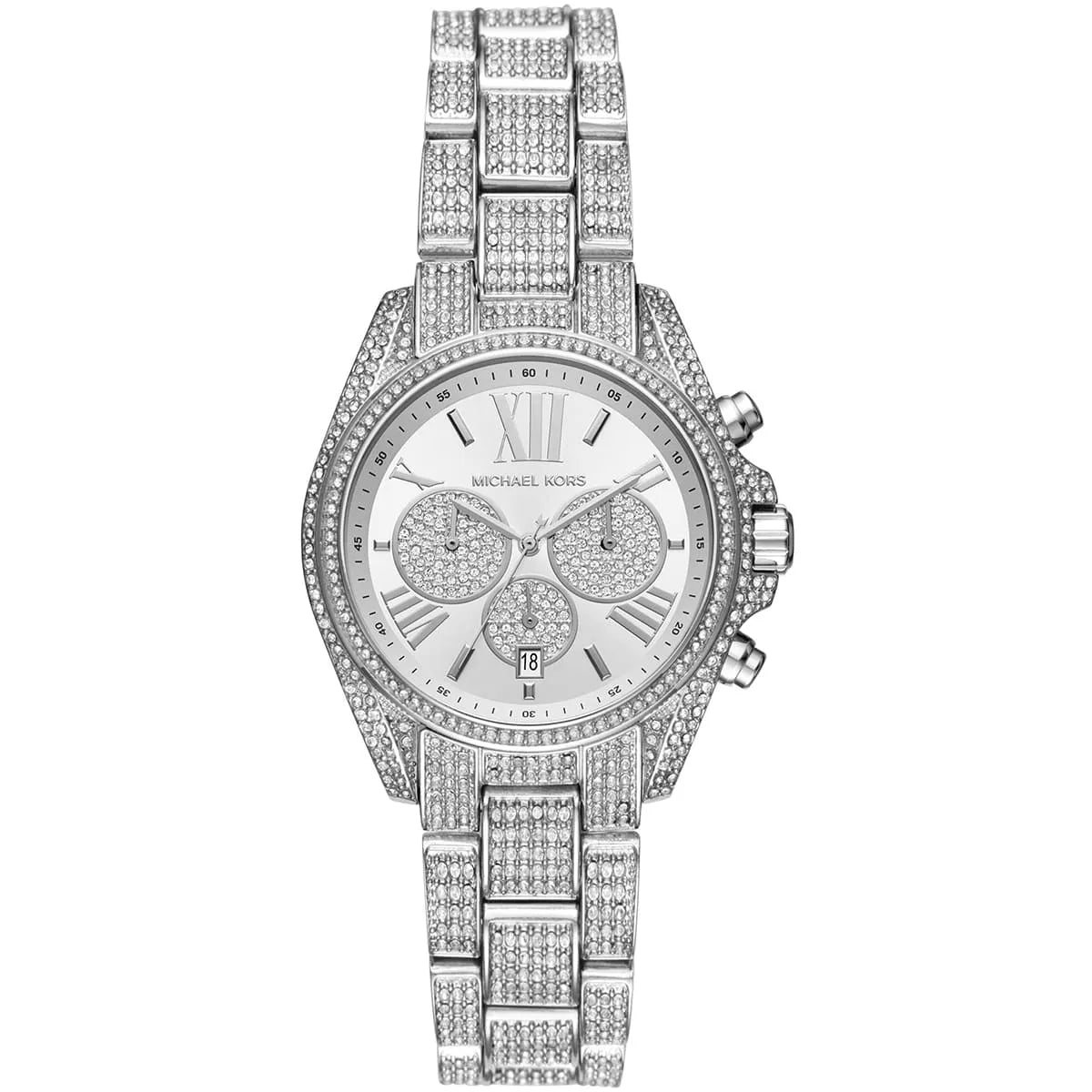Michael Kors Bradshaw MK6454 women's silver chronograph dial stainless steel watch front view