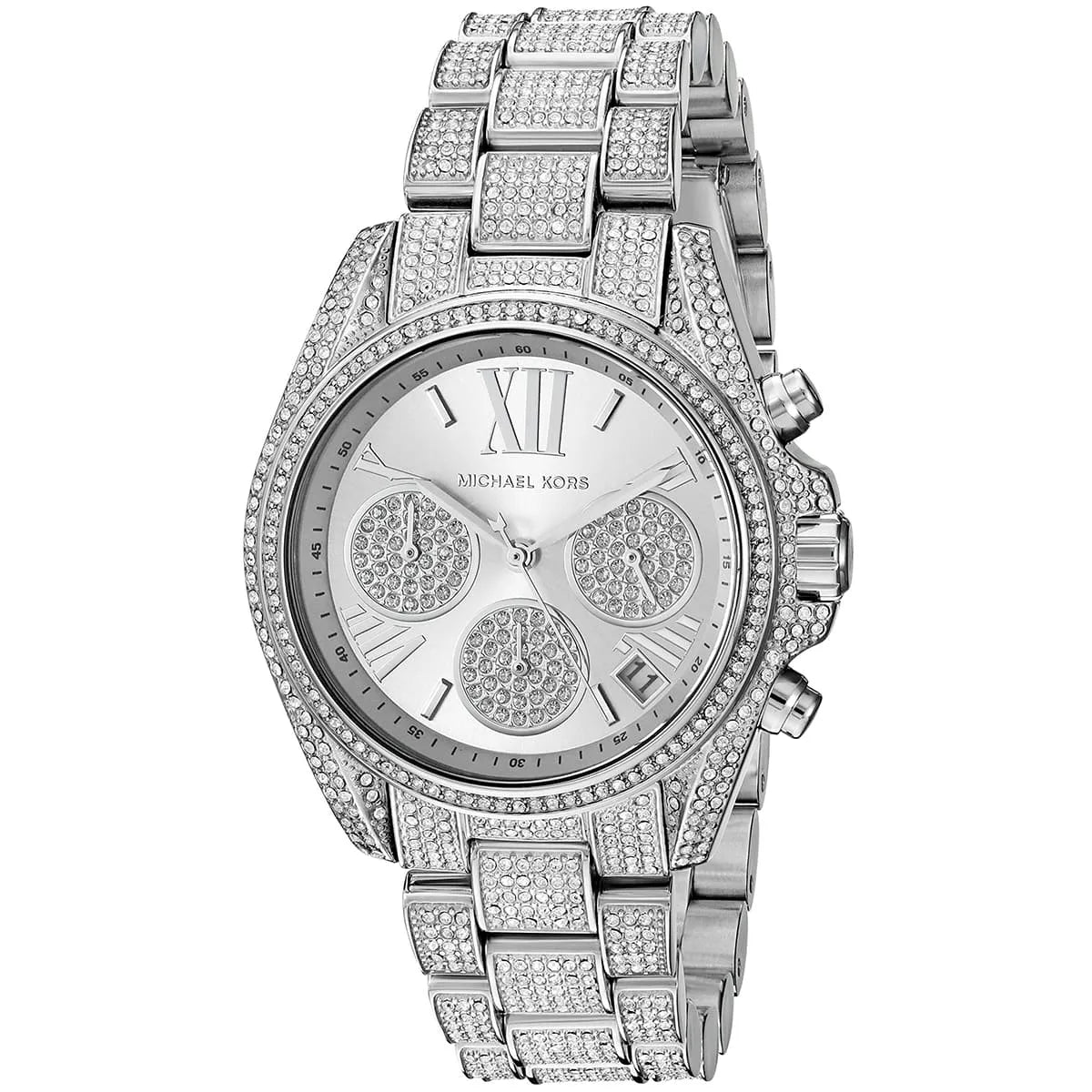 Close-up of Michael Kors MK6454 silver chronograph dial with stainless steel bracelet