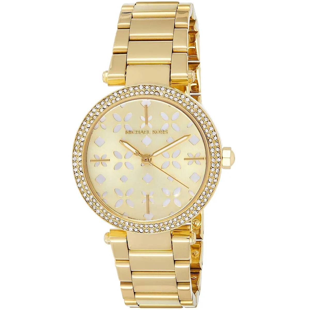 Close-up of Michael Kors MK6469 gold analog dial with gold stainless steel bracelet