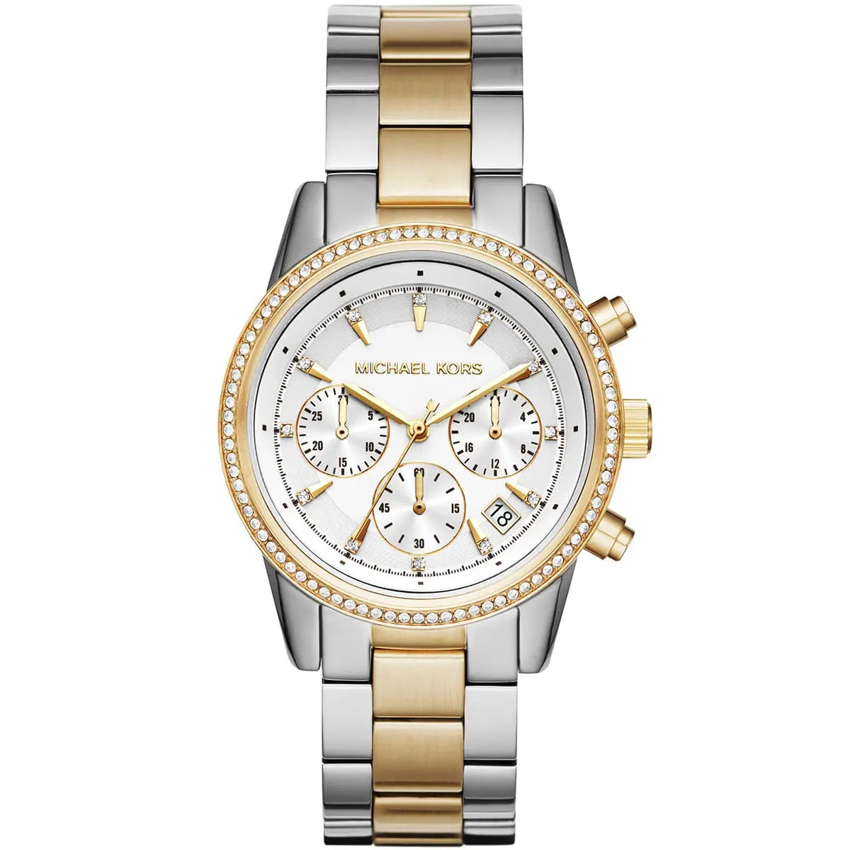 Front view of Michael Kors Ritz MK6474 women's two-tone chronograph watch