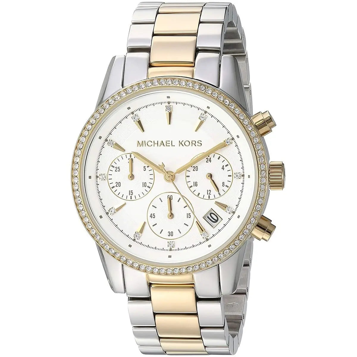 Close-up view of Michael Kors MK6474 white chronograph dial with date display
