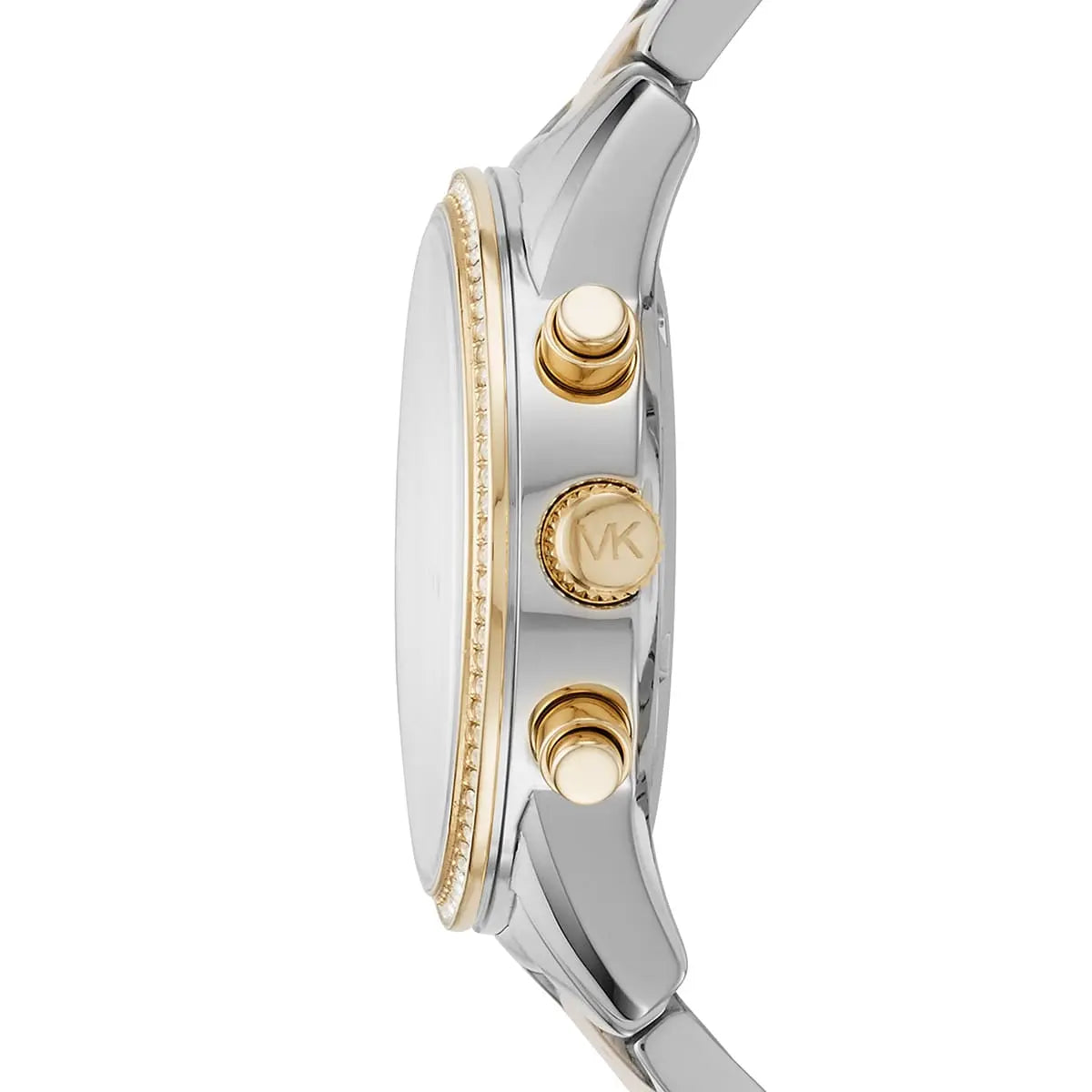 Side view of Michael Kors Ritz MK6474 silver and gold stainless steel bracelet watch