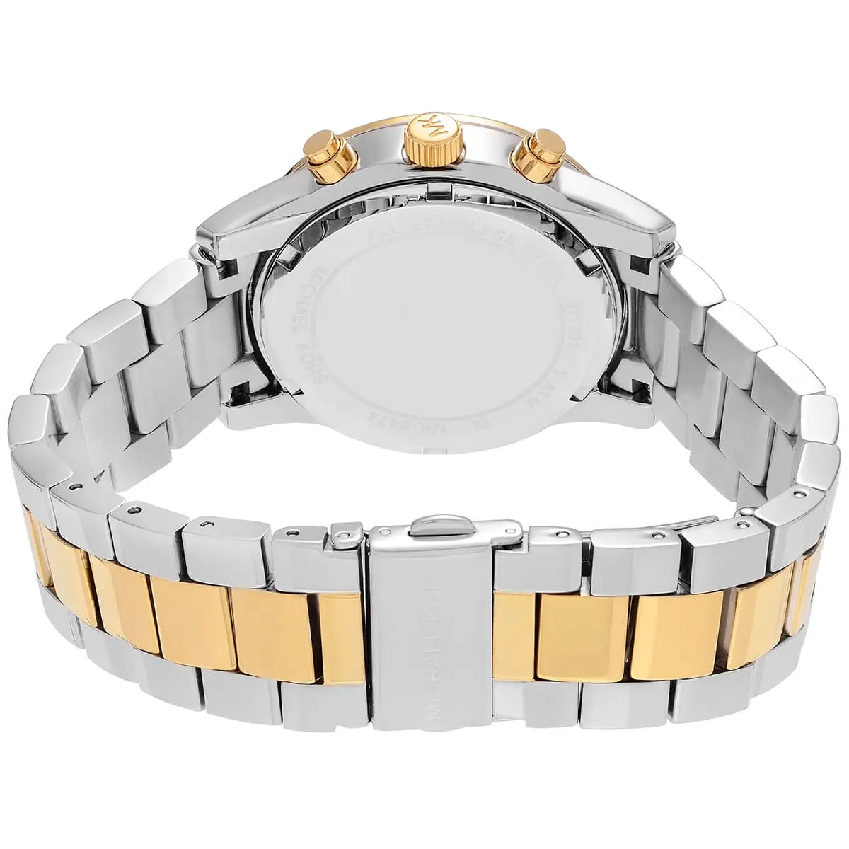 Back view of Michael Kors MK6474 quartz chronograph watch with two-tone stainless steel case