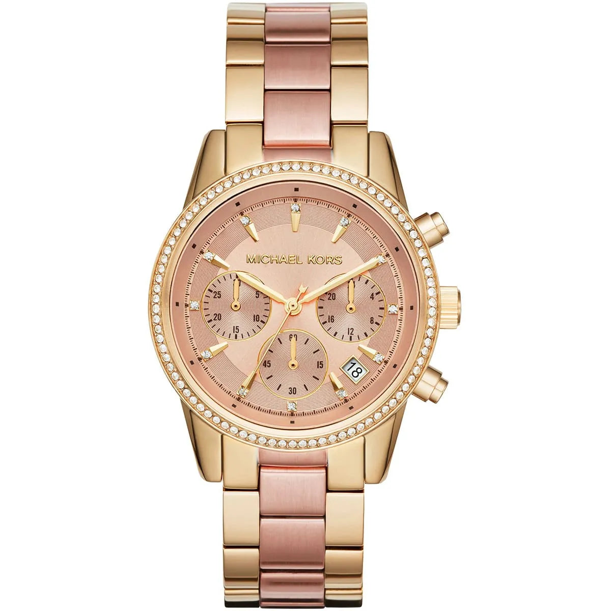 Front view of Michael Kors Ritz MK6475 women's gold and rose gold chronograph watch