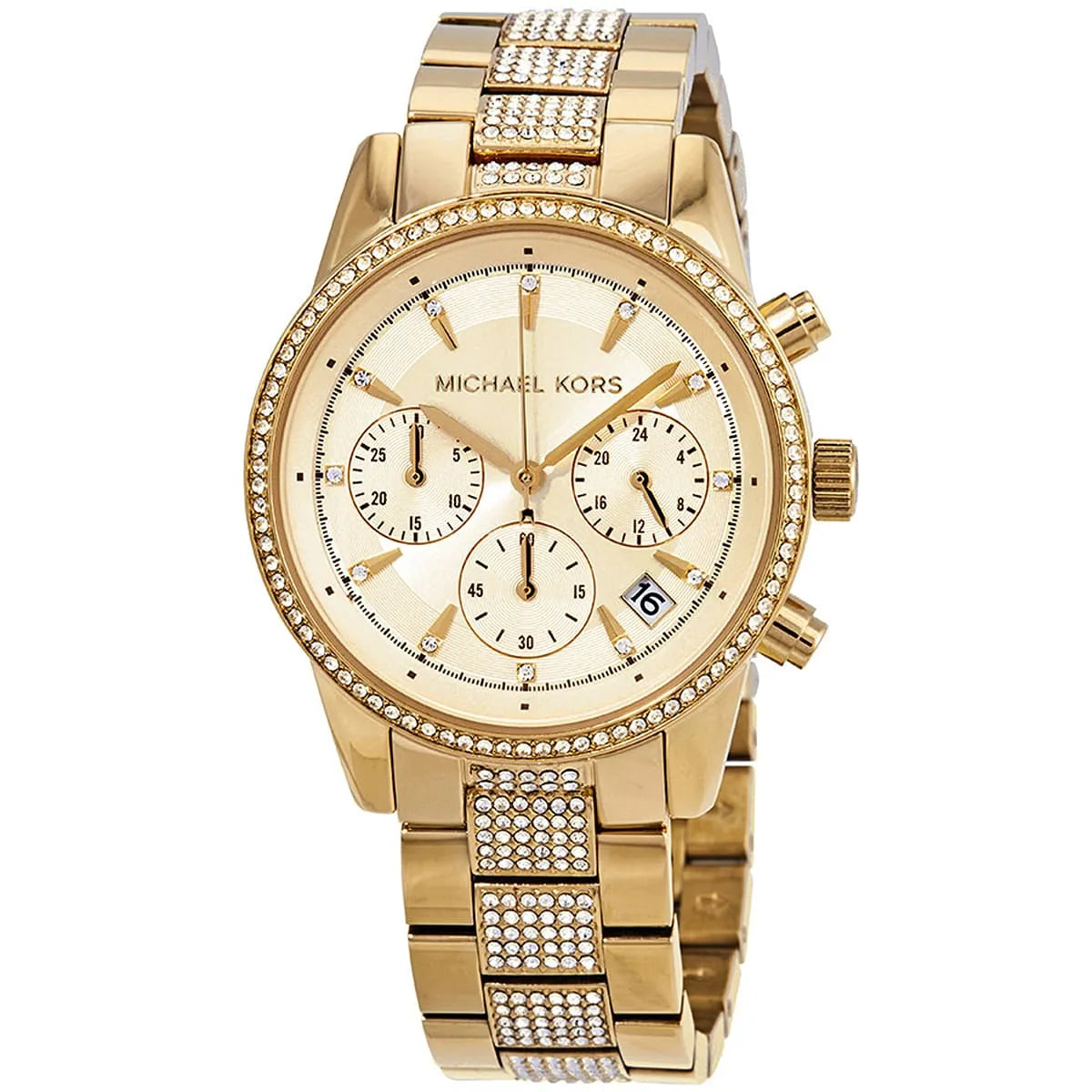 Close-up view of Michael Kors MK6484 gold chronograph dial with date display