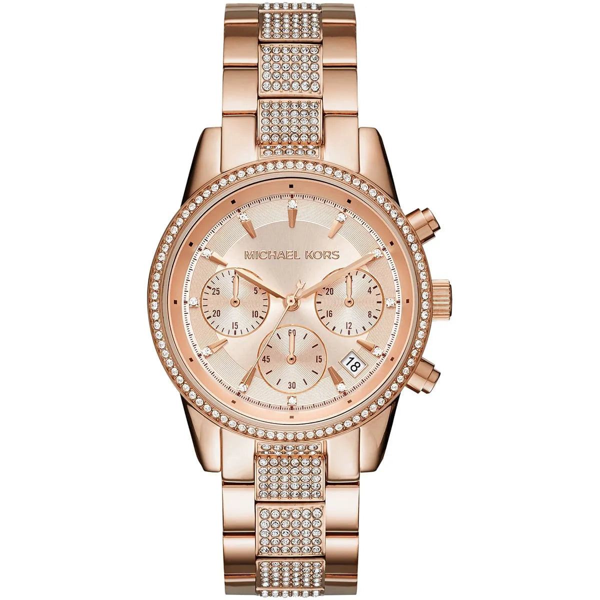 Front view of Michael Kors Ritz MK6485 women's rose gold chronograph watch