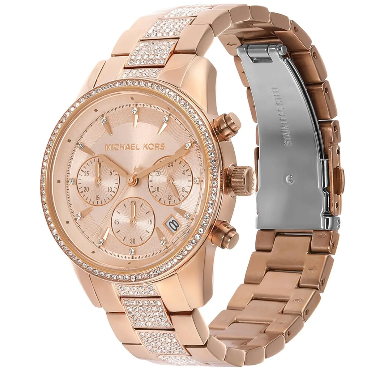 Close-up view of Michael Kors MK6485 rose gold chronograph dial with date display