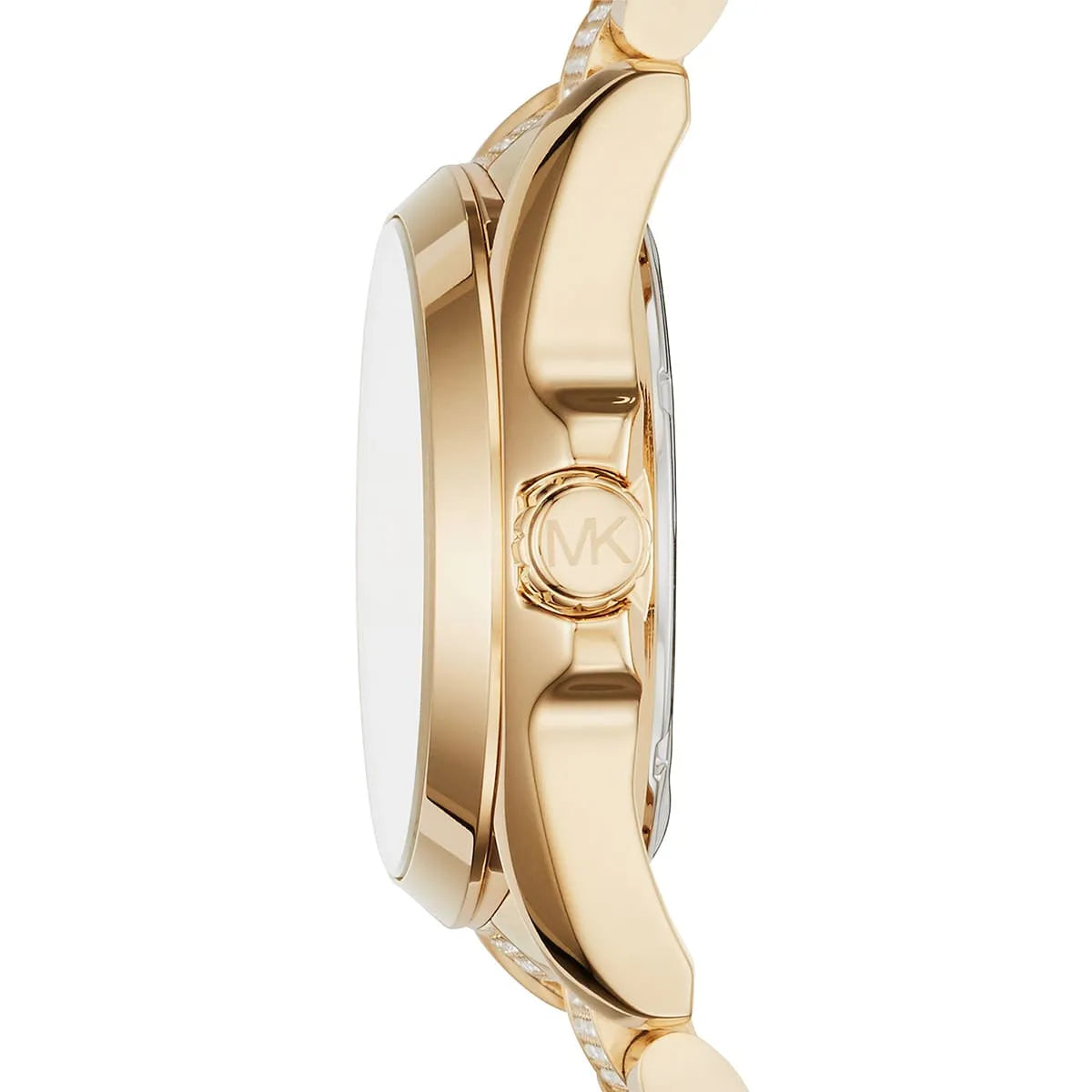 Side view of Michael Kors Bradshaw MK6487 gold stainless steel bracelet watch