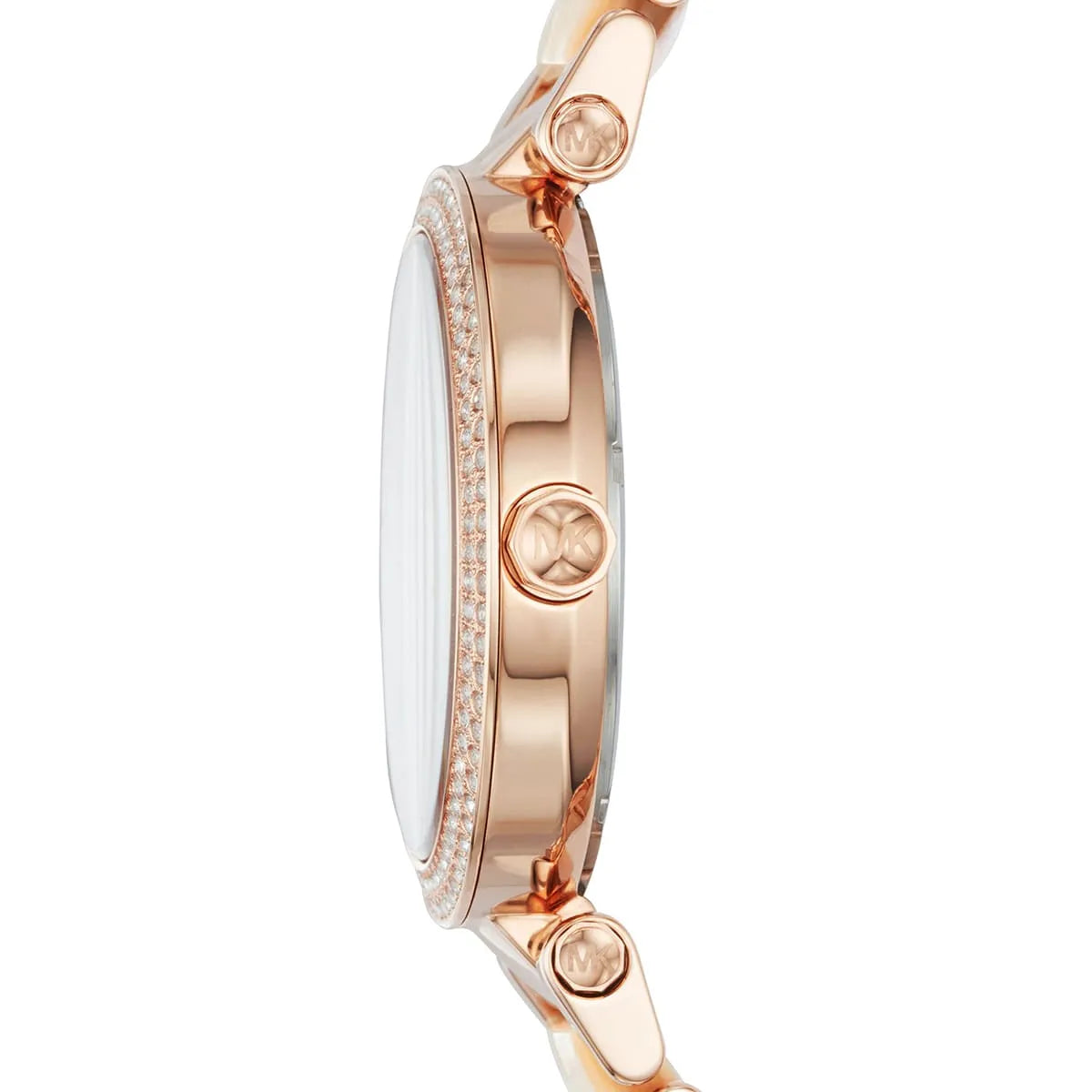 Side view of Michael Kors Parker MK6492 rose gold and beige multi-material strap watch