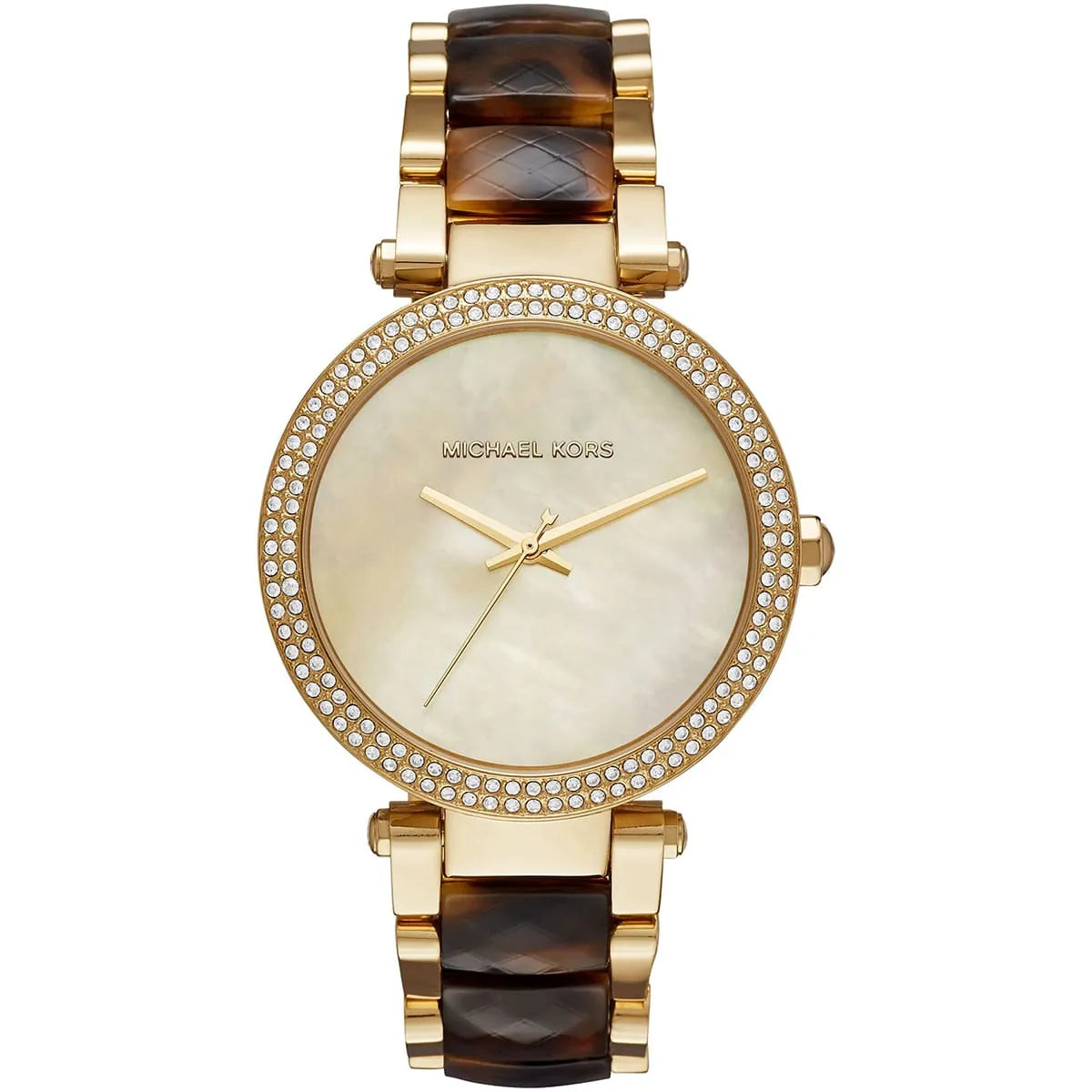 Front view of Michael Kors Parker MK6518 women's gold and brown watch