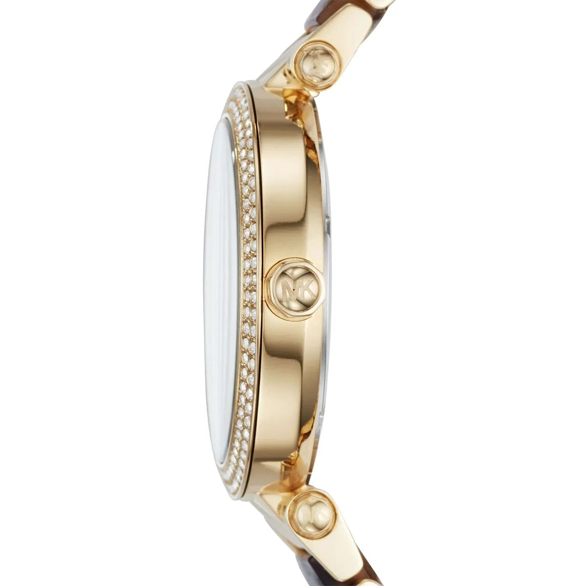 Side view of Michael Kors Parker MK6518 gold and brown multi-material strap watch