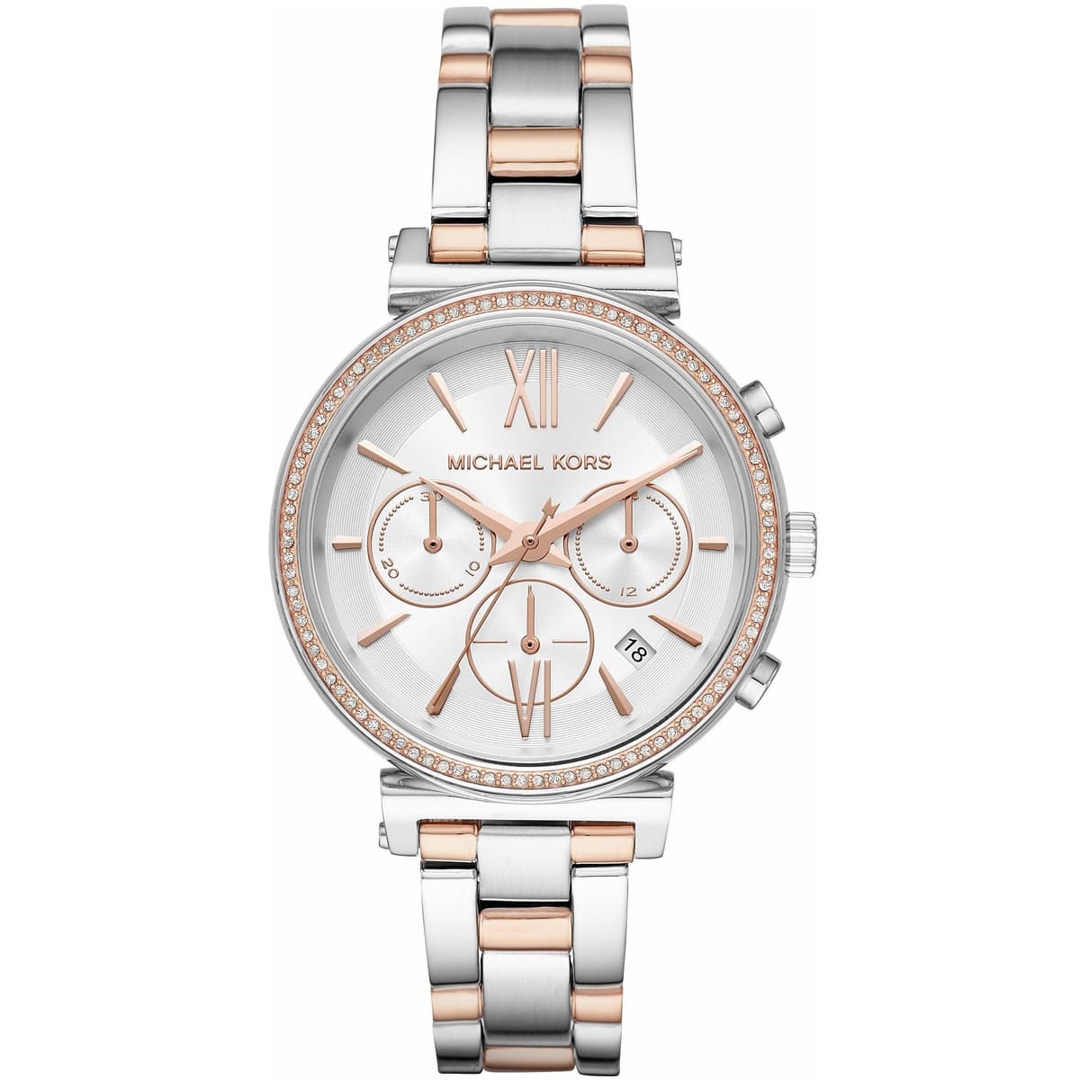 Front view of Michael Kors Sofie MK6558 women's silver and rose gold chronograph watch