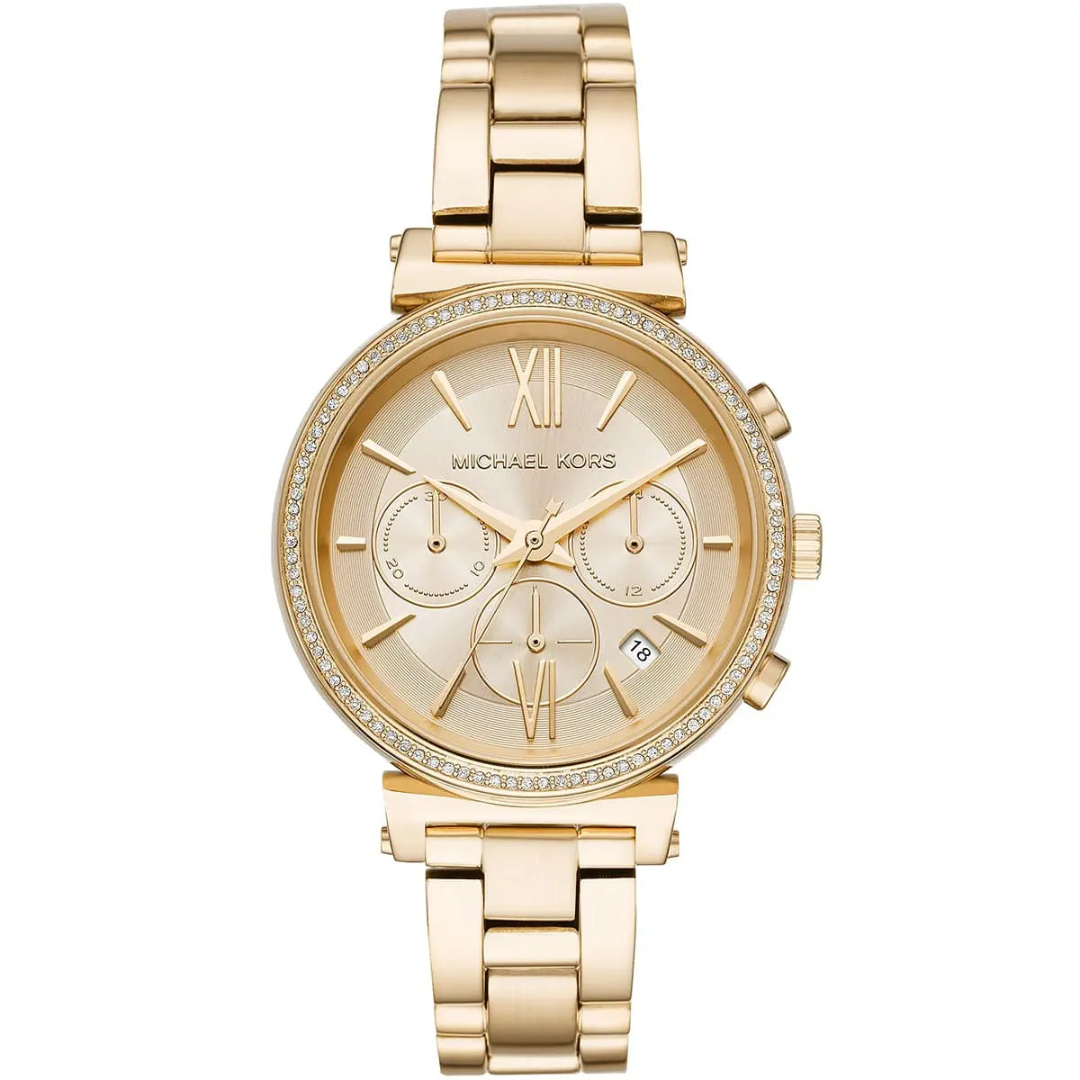 Front view of Michael Kors Sofie MK6559 women's gold chronograph watch