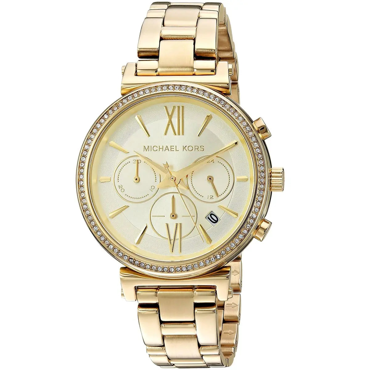 Close-up view of Michael Kors MK6559 gold chronograph dial with date display