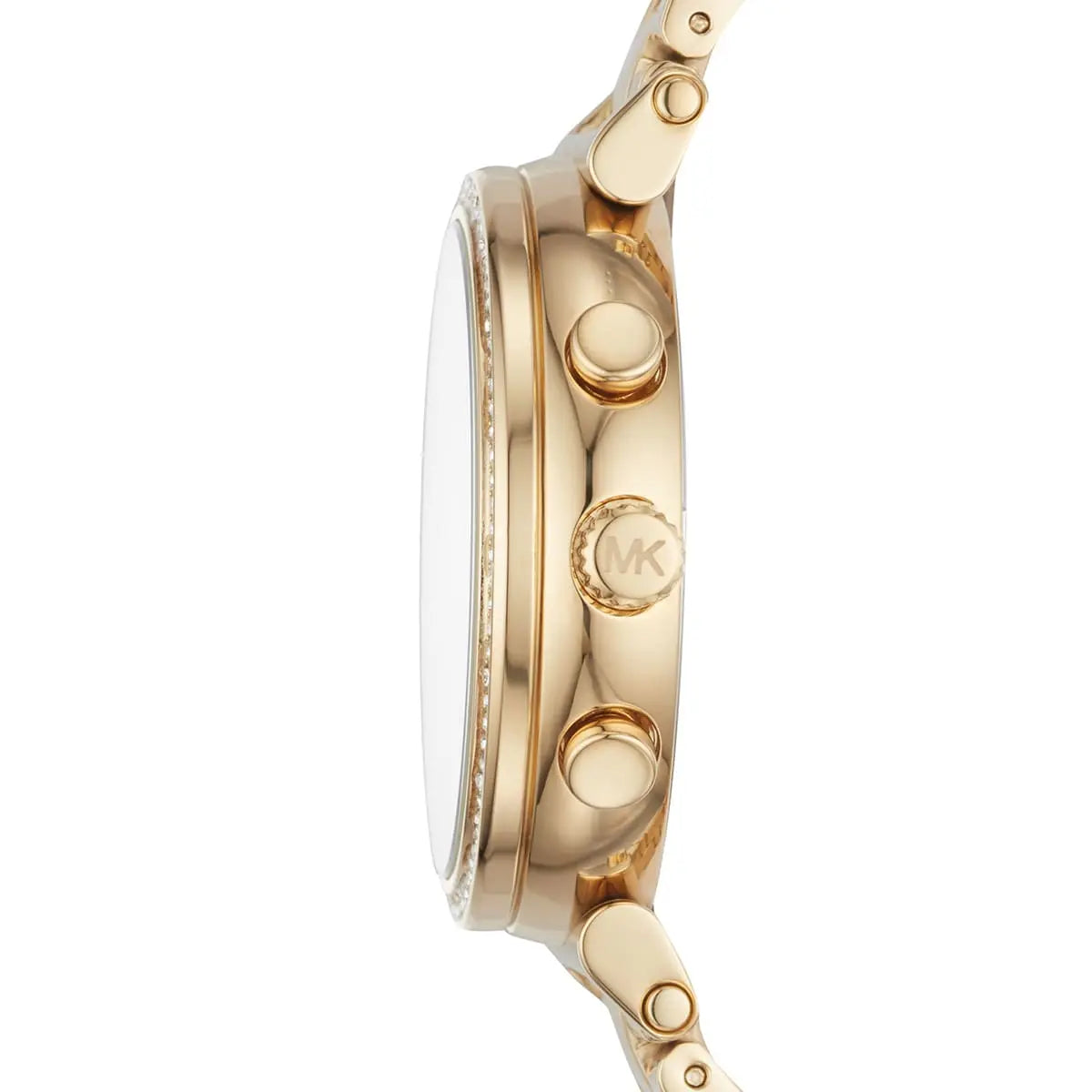 Side view of Michael Kors Sofie MK6559 gold stainless steel bracelet watch
