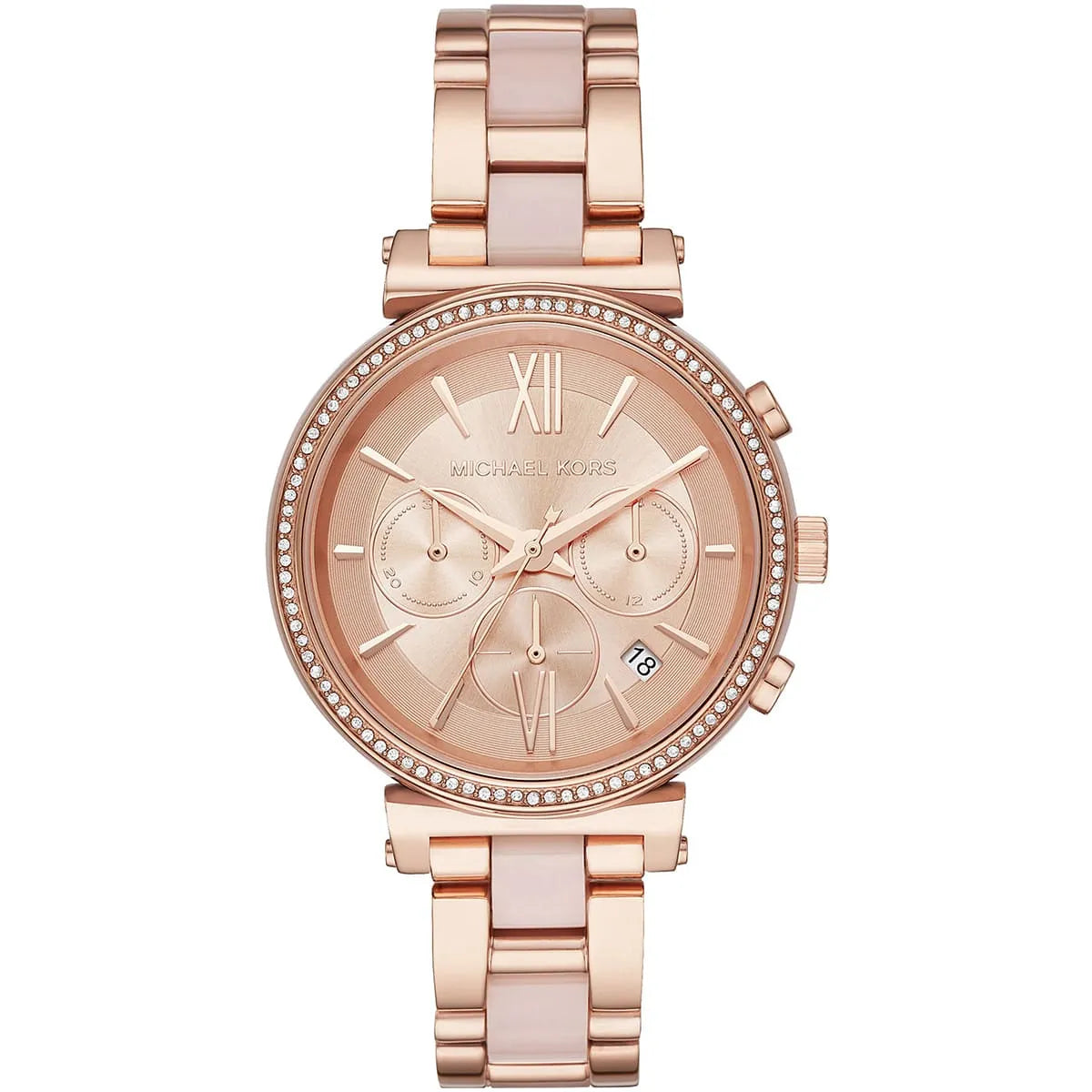 Front view of Michael Kors Sofie MK6560 women's rose gold chronograph watch