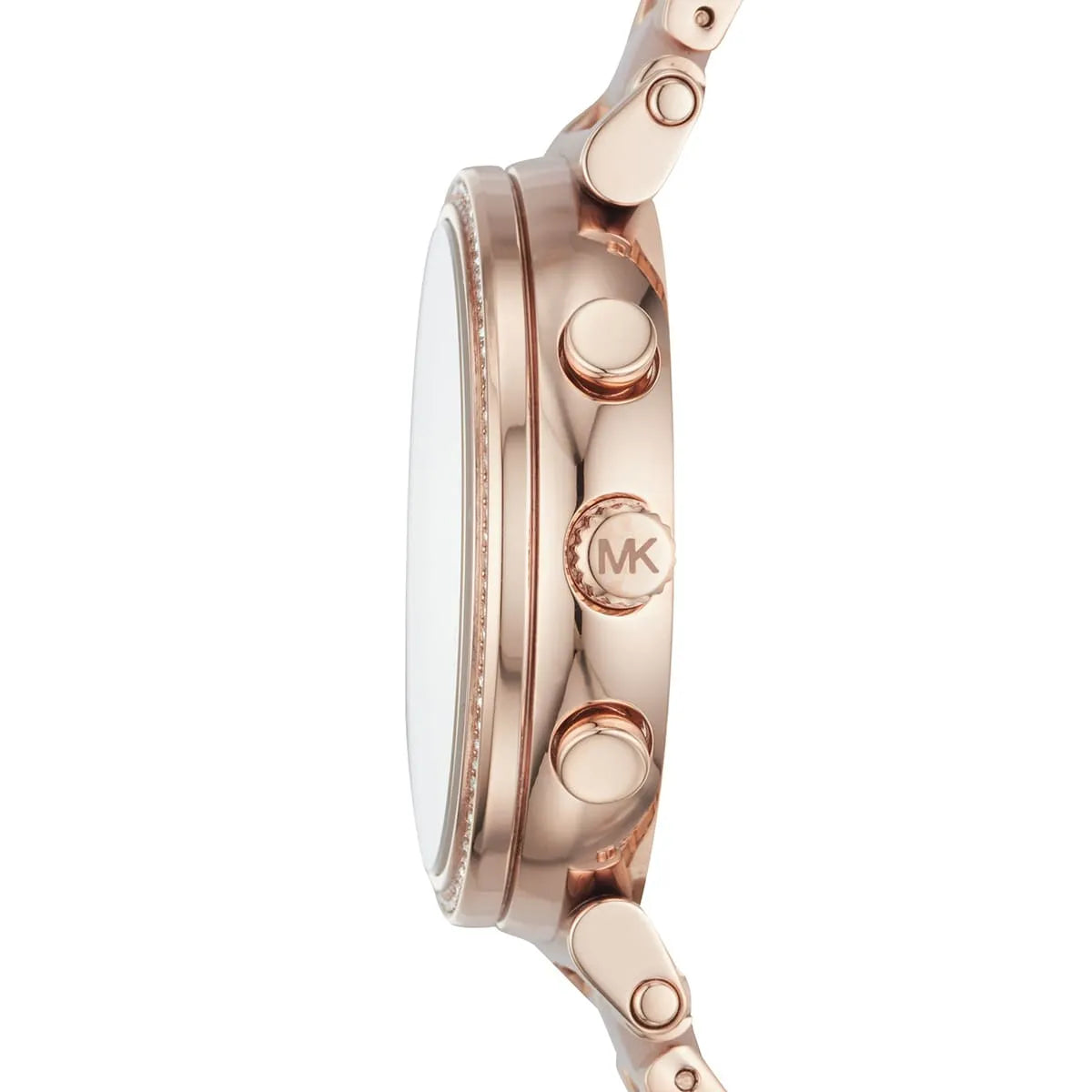 Side view of Michael Kors Sofie MK6560 rose gold multi-material strap watch