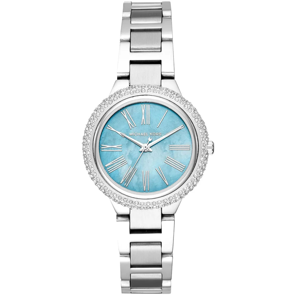 Front view of Michael Kors Taryn MK6563 women's blue dial silver watch