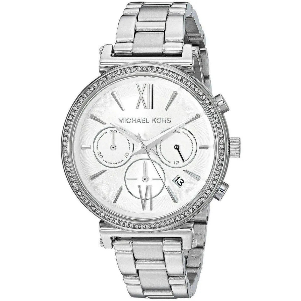 Close-up view of Michael Kors MK6575 silver chronograph dial with date display