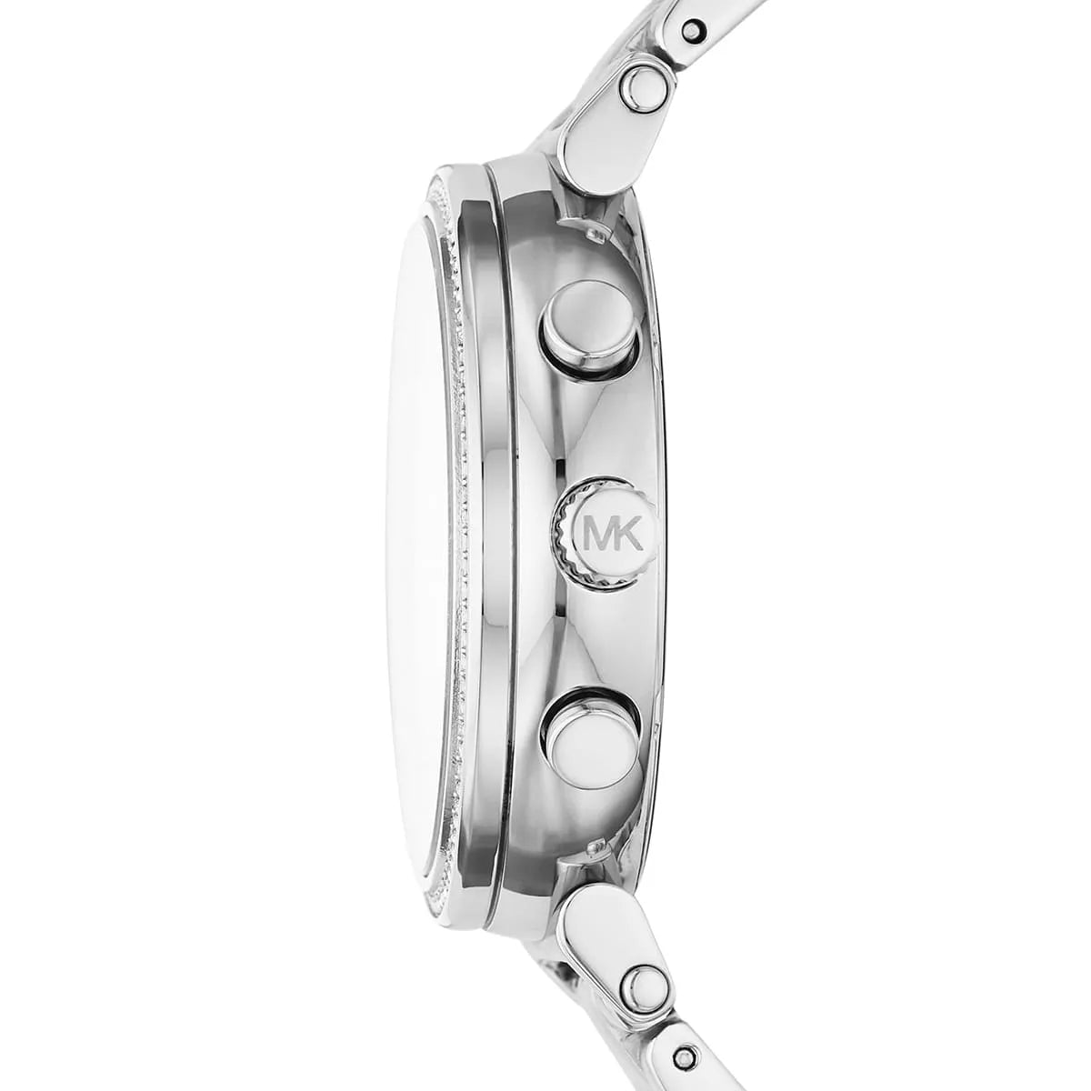 Side view of Michael Kors Sofie MK6575 silver stainless steel bracelet watch